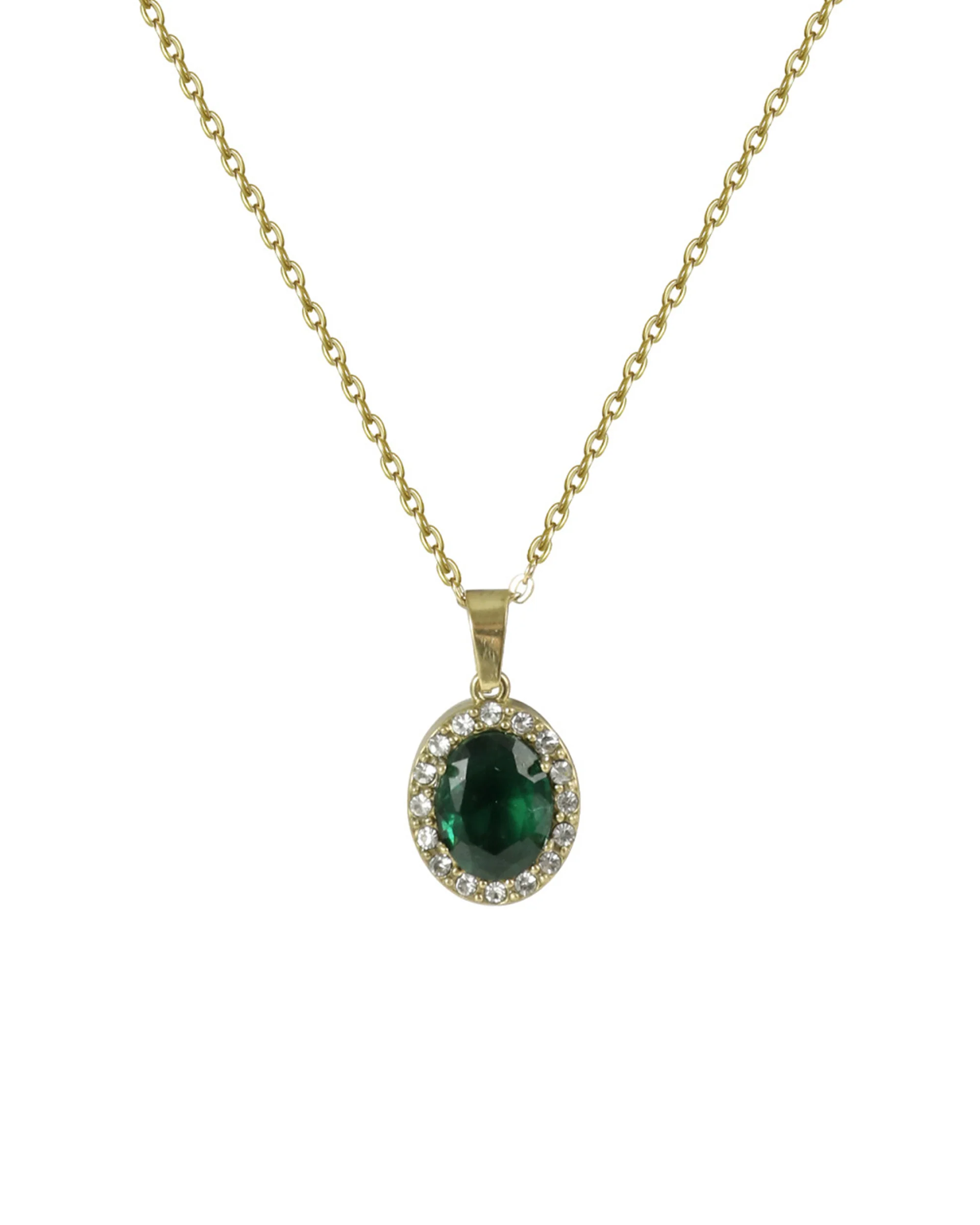 COLLIER EN ACIER DORE  PENDENTIF OVALE EMERAUDE AVEC STRASS
