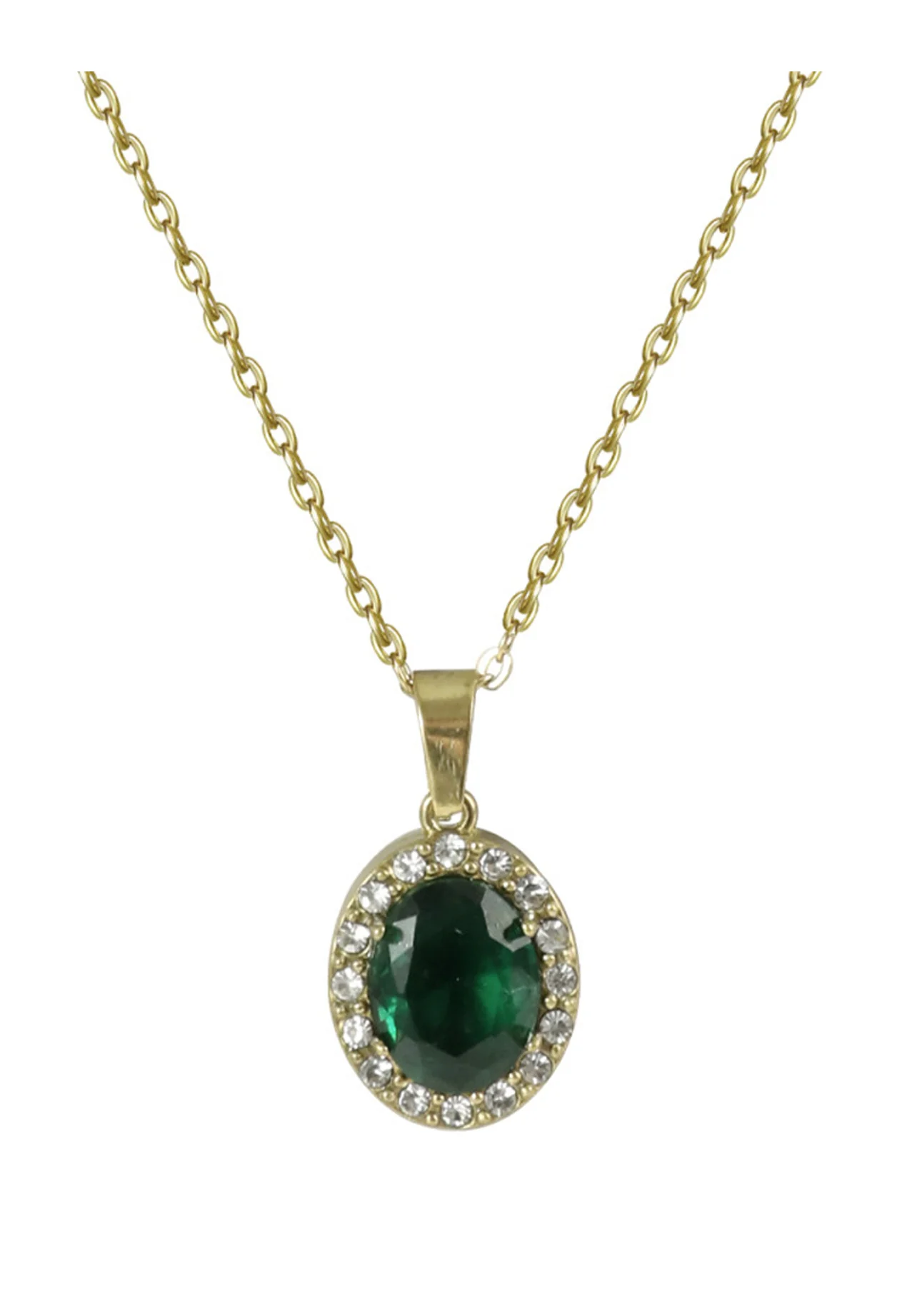 COLLIER EN ACIER DORE  PENDENTIF OVALE EMERAUDE AVEC STRASS - Image 4