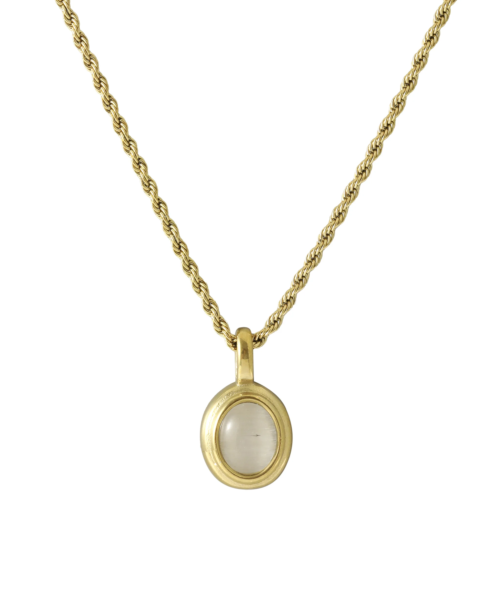 COLLIER EN ACIER DORE PENDENTIF OVALE OEIL DE TIGRE BLANC
