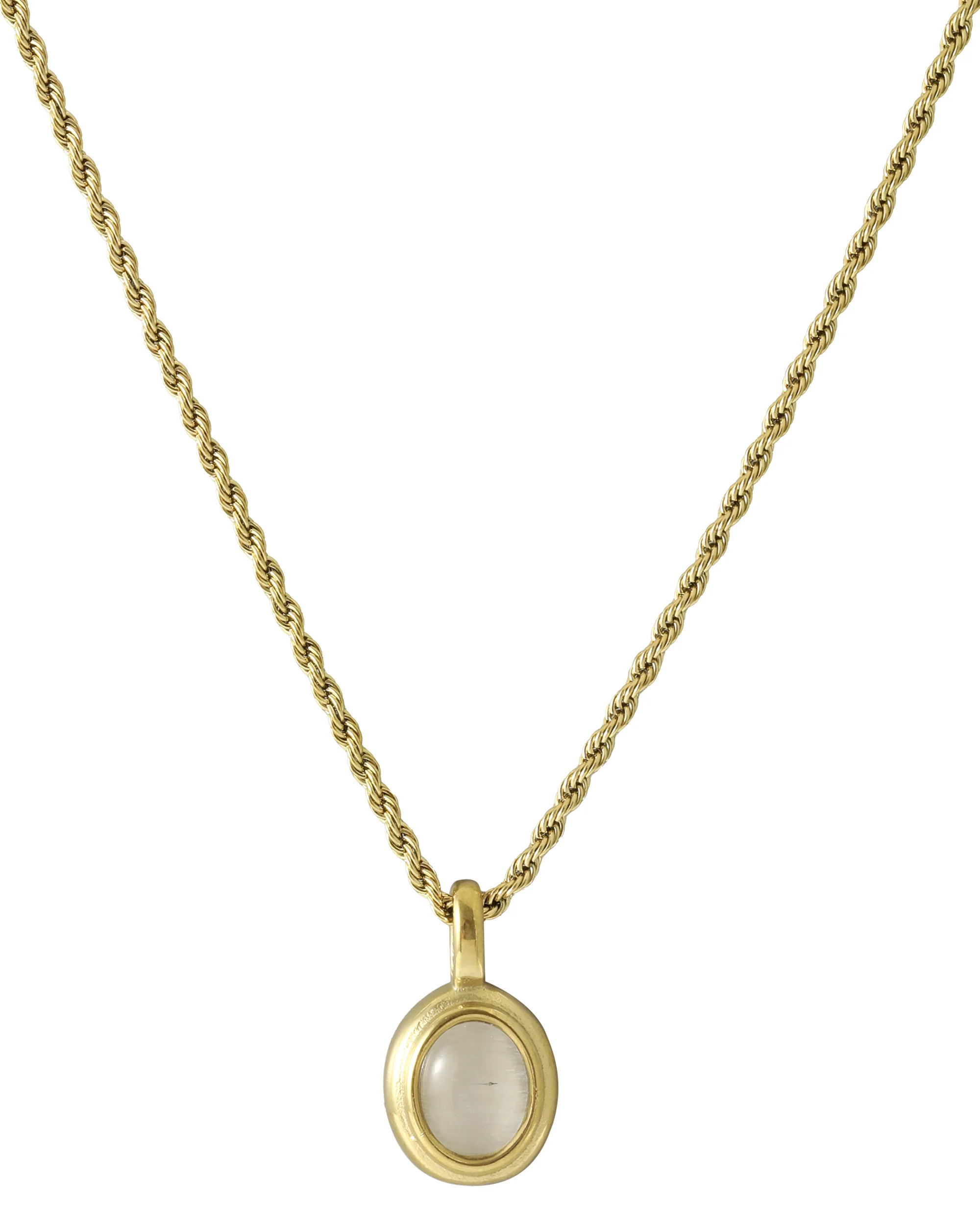 COLLIER EN ACIER DORE PENDENTIF OVALE OEIL DE TIGRE BLANC - Image 3