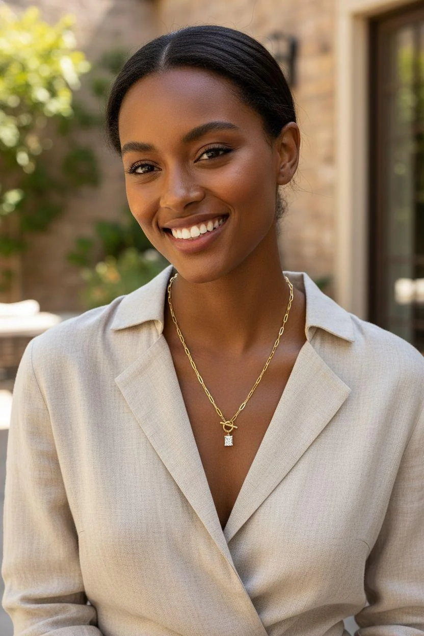 COLLIER EN ACIER DORE PENDENTIF RECTANGLE AVEC ZIRCON BLANC ET FERMOIR BARRE - Image 2
