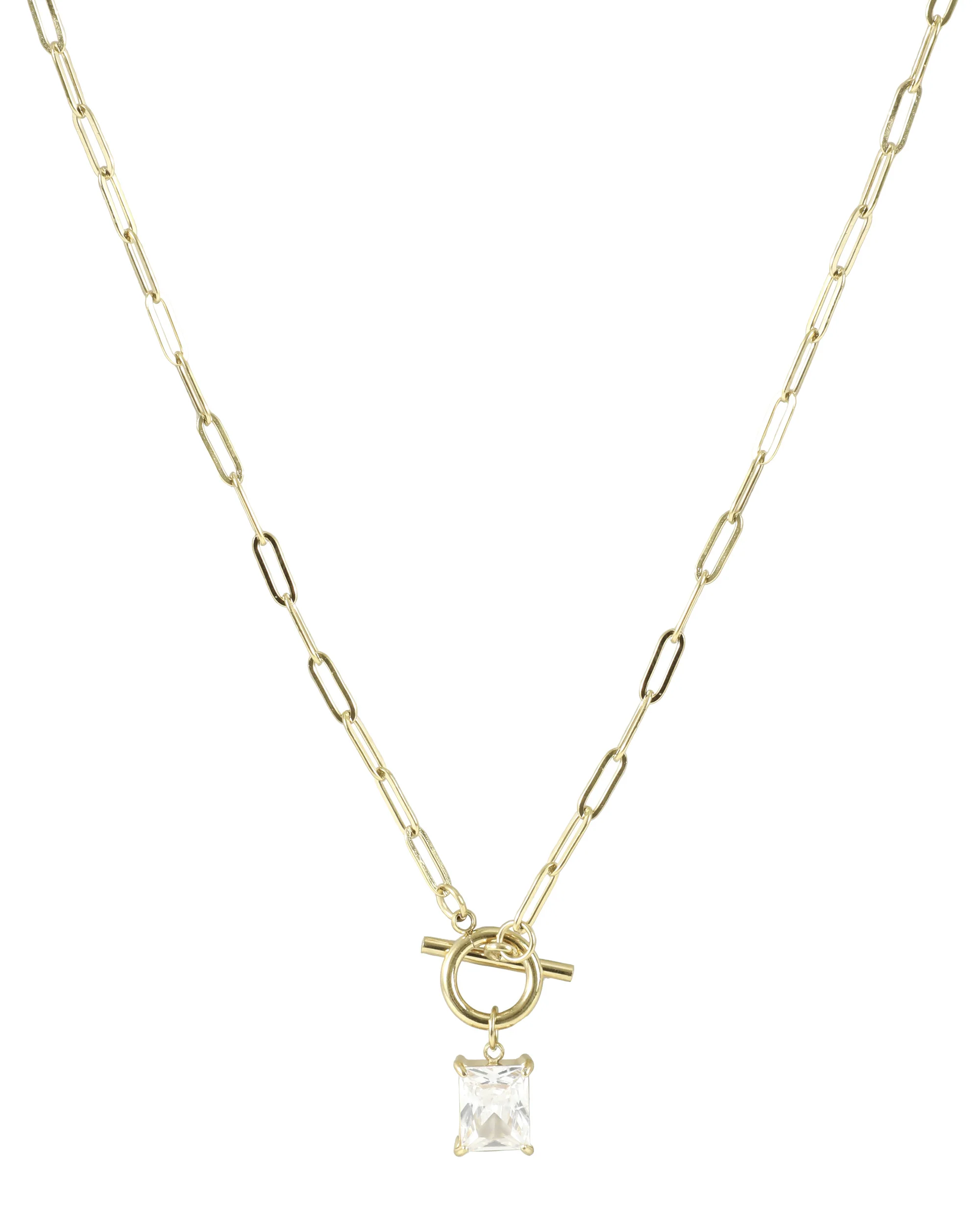 COLLIER EN ACIER DORE PENDENTIF RECTANGLE AVEC ZIRCON BLANC ET FERMOIR BARRE - Image 3