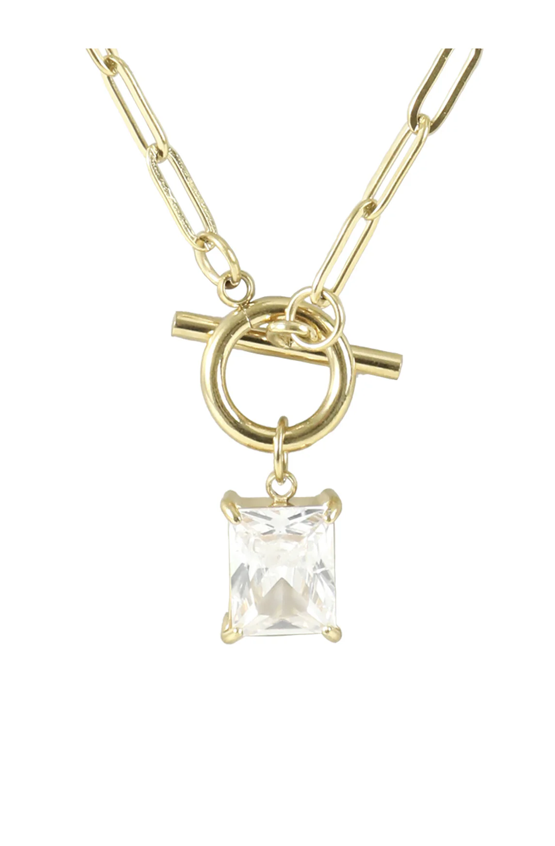 COLLIER EN ACIER DORE PENDENTIF RECTANGLE AVEC ZIRCON BLANC ET FERMOIR BARRE - Image 4