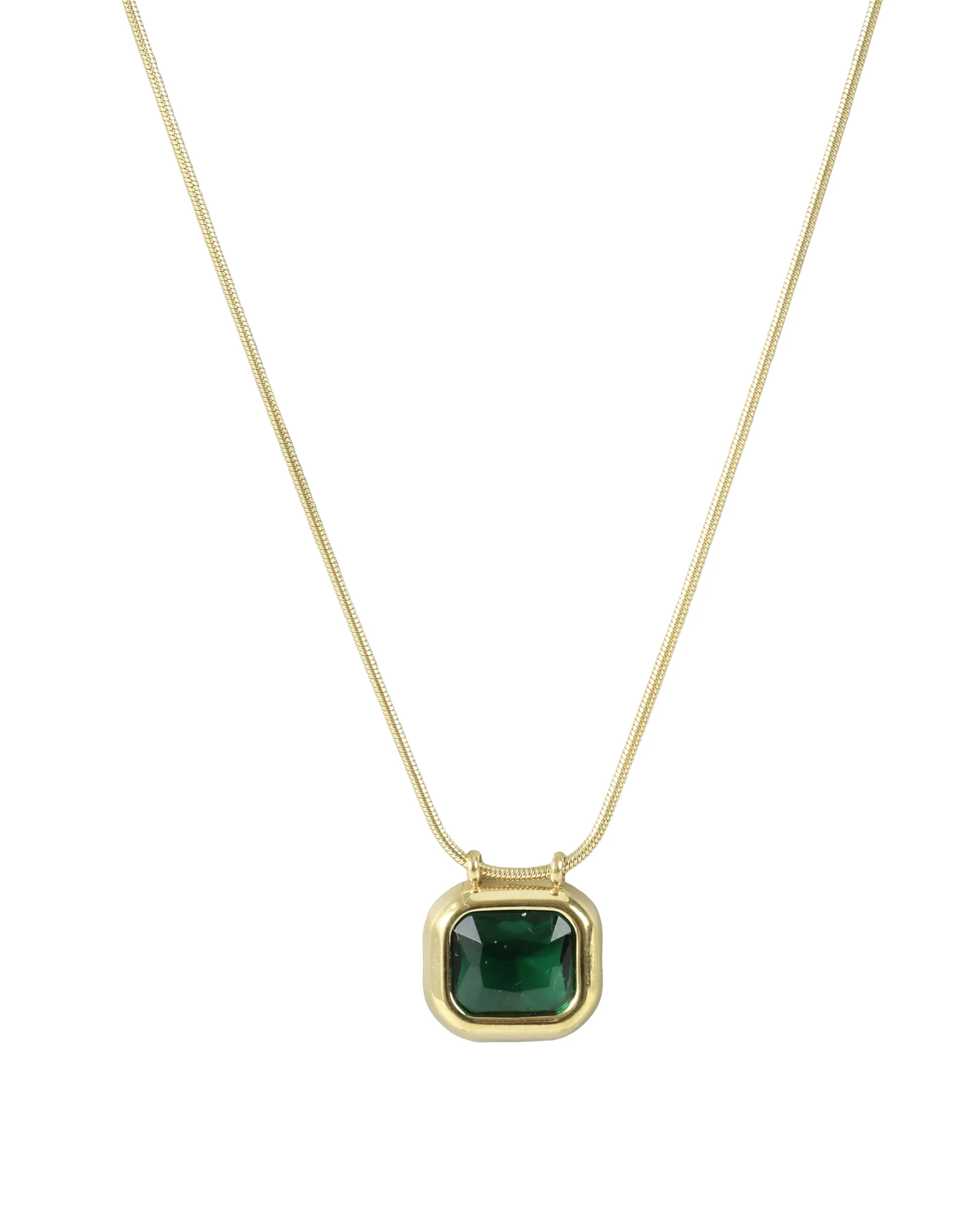COLLIER EN ACIER DORÉ PENDENTIF RECTANGLE ÉMERAUDE - Image 3