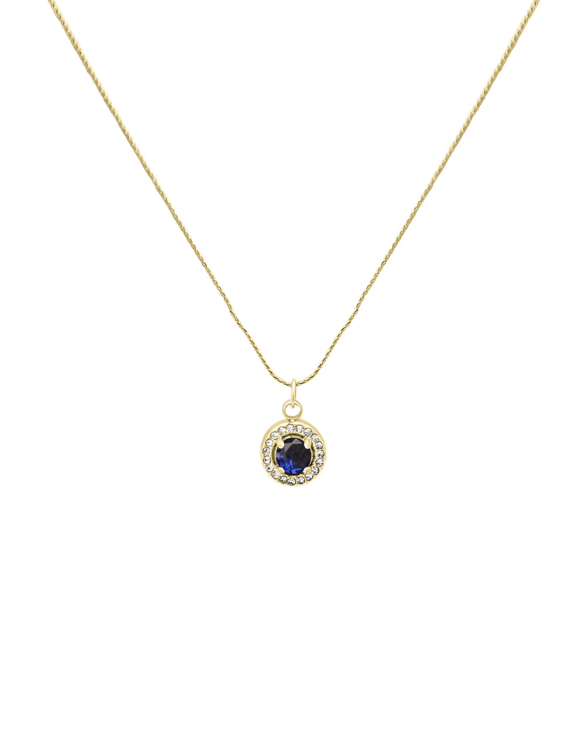COLLIER EN ACIER DORE PENDENTIF ROND AVEC STRASS ET SOLITAIRE SAPHIR