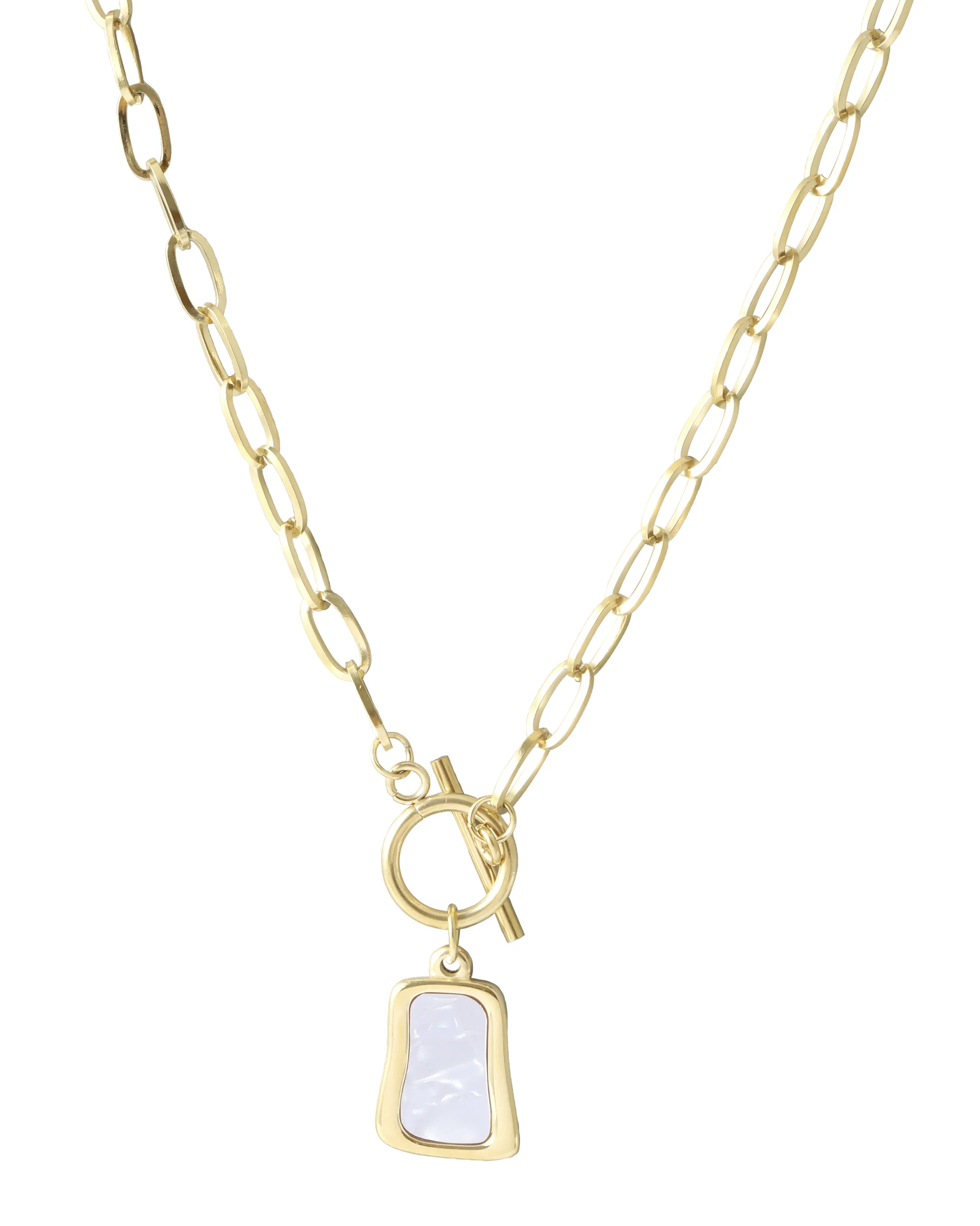 COLLIER EN ACIER DORE PENDENTIF TRAPEZE NACRÉ - Image 3