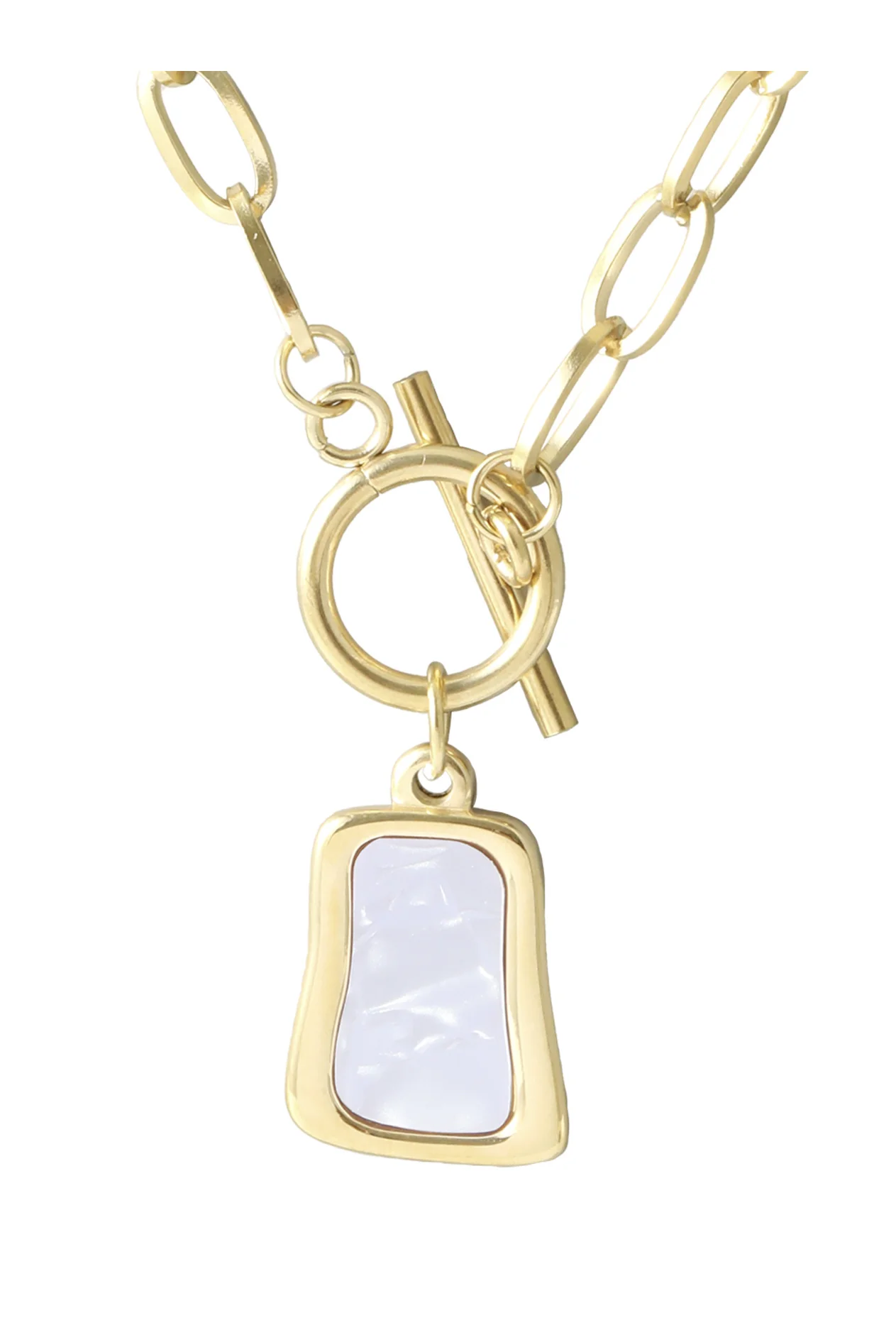 COLLIER EN ACIER DORE PENDENTIF TRAPEZE NACRÉ - Image 4
