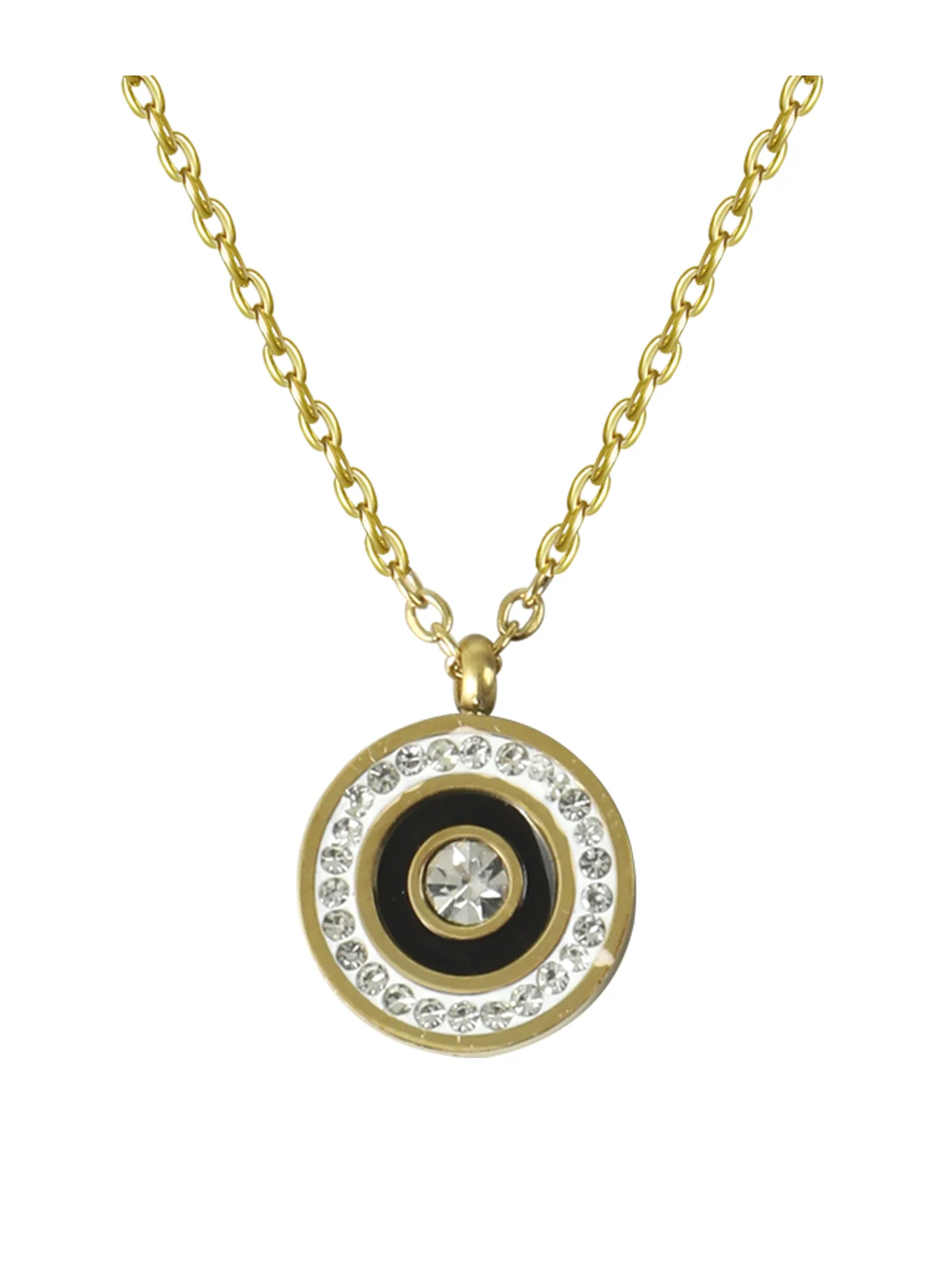 COLLIER EN ACIER DORE ROND AVEC EMAIL NOIR ET STRASS - Image 4