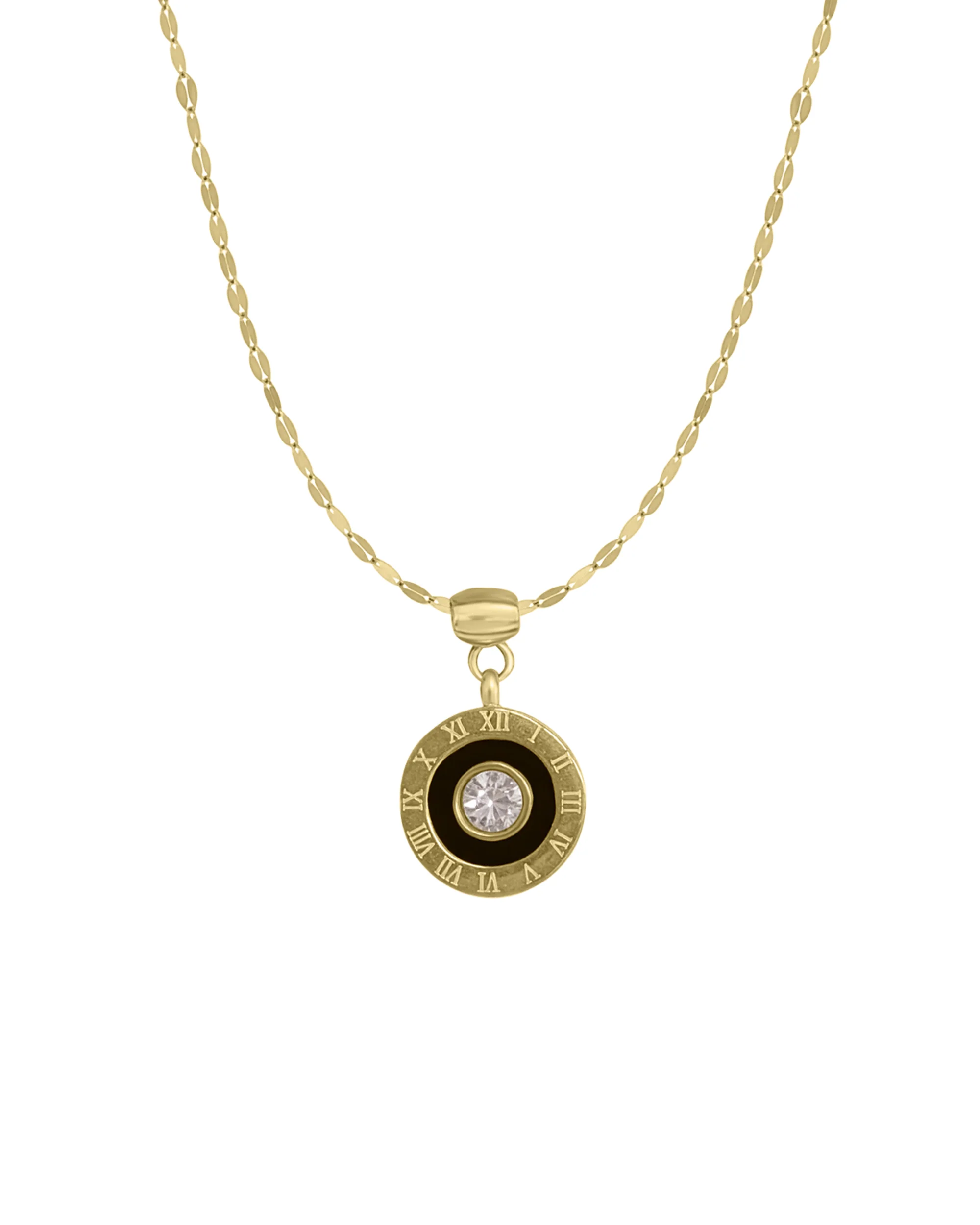 COLLIER EN ACIER DORE ROND AVEC EMAIL NOIR STRASS ET CHIFFRES ROMAINS