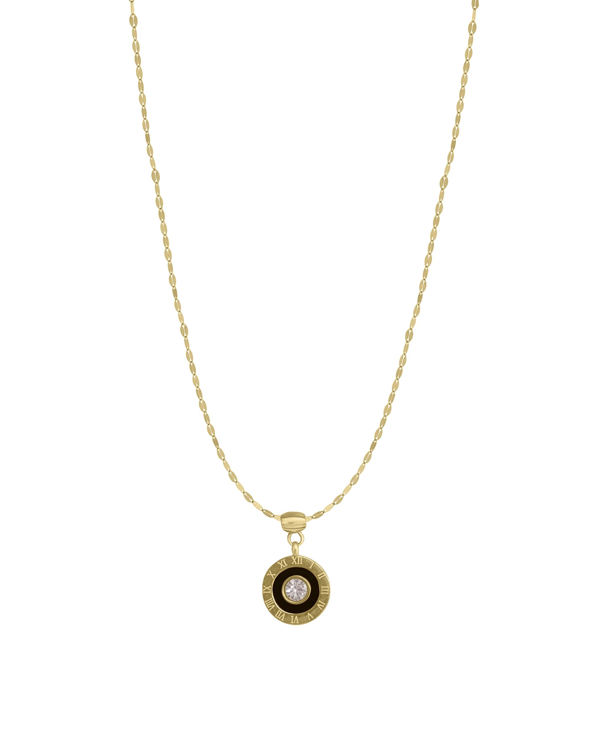 COLLIER EN ACIER DORE ROND AVEC EMAIL NOIR STRASS ET CHIFFRES ROMAINS - Image 3