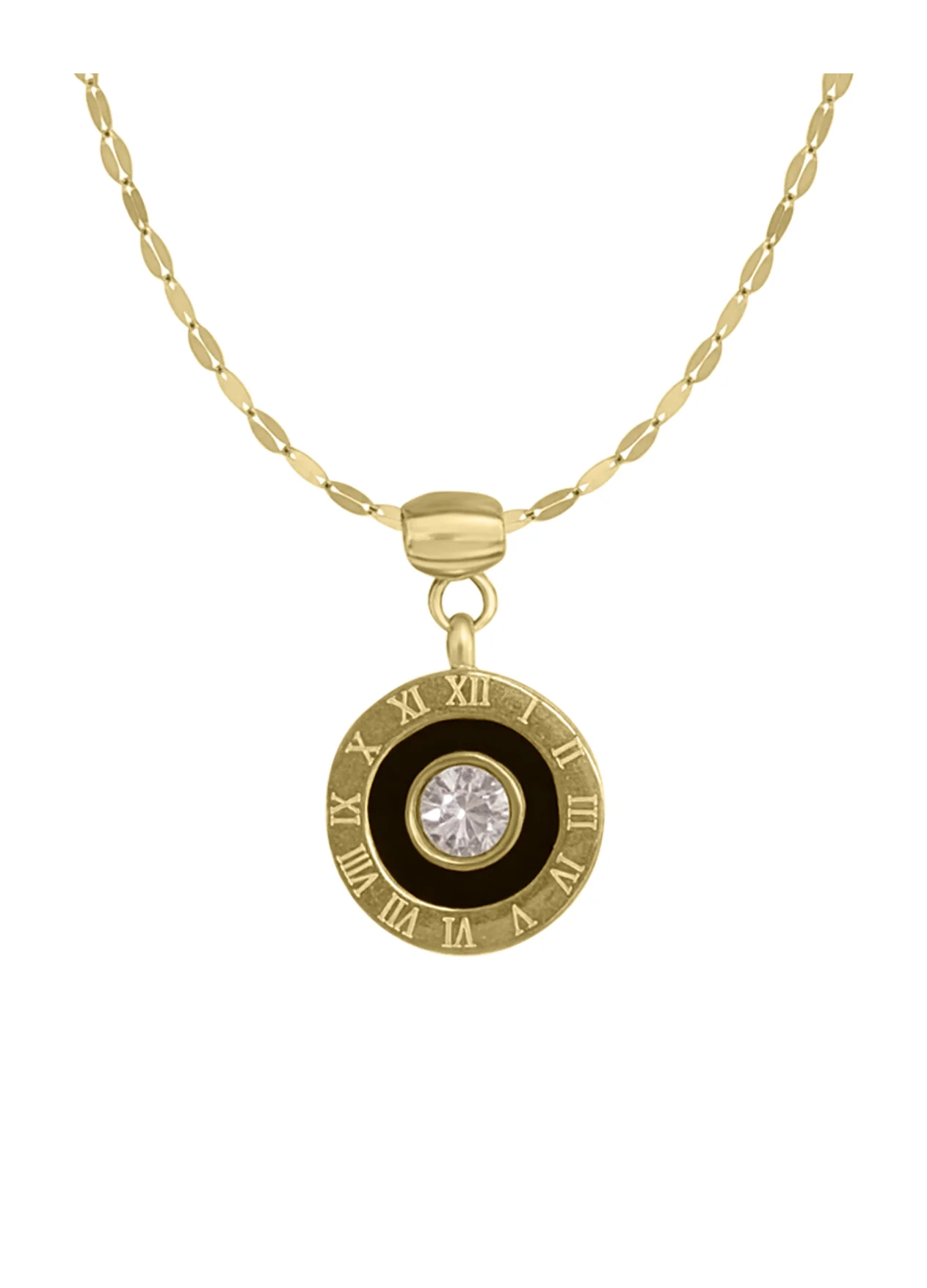 COLLIER EN ACIER DORE ROND AVEC EMAIL NOIR STRASS ET CHIFFRES ROMAINS - Image 4