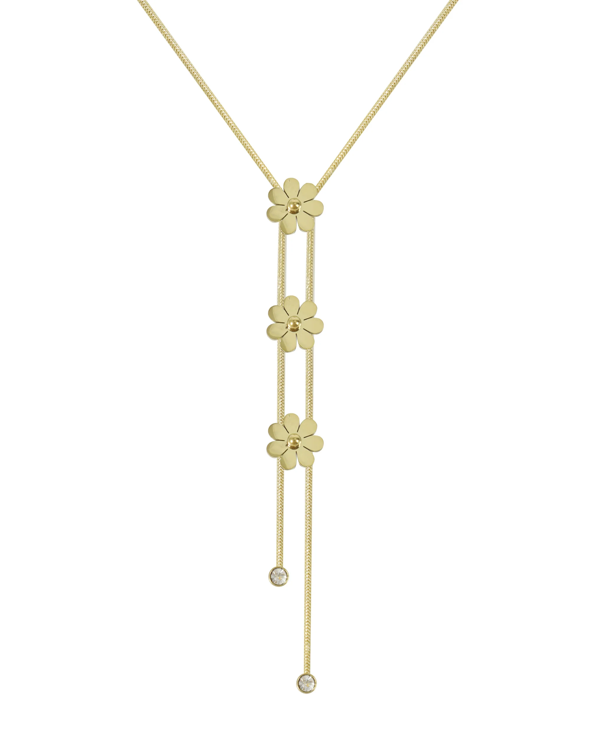 COLLIER EN ACIER DORE TRIO DE FLEURS ET STRASS
