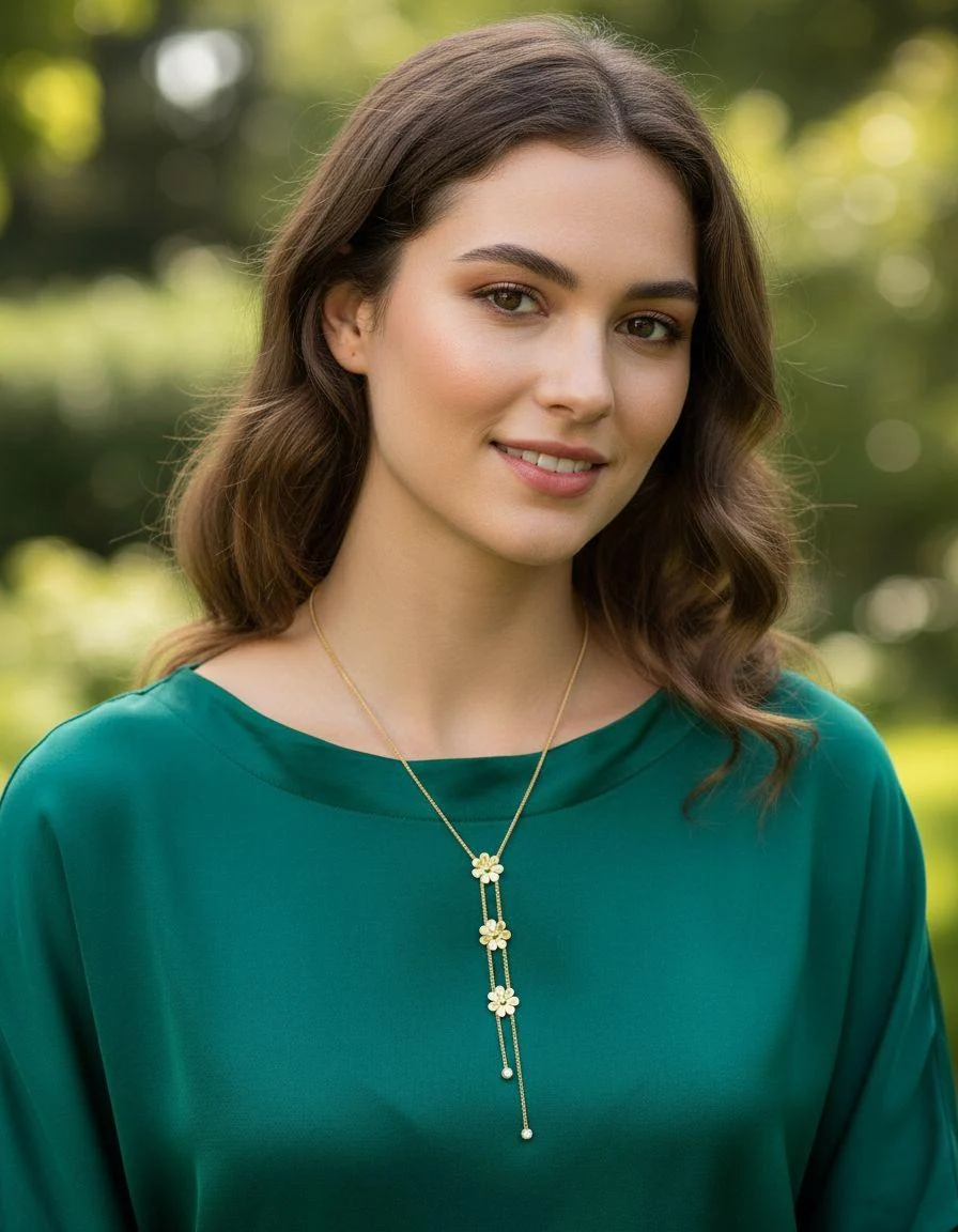 COLLIER EN ACIER DORE TRIO DE FLEURS ET STRASS - Image 2