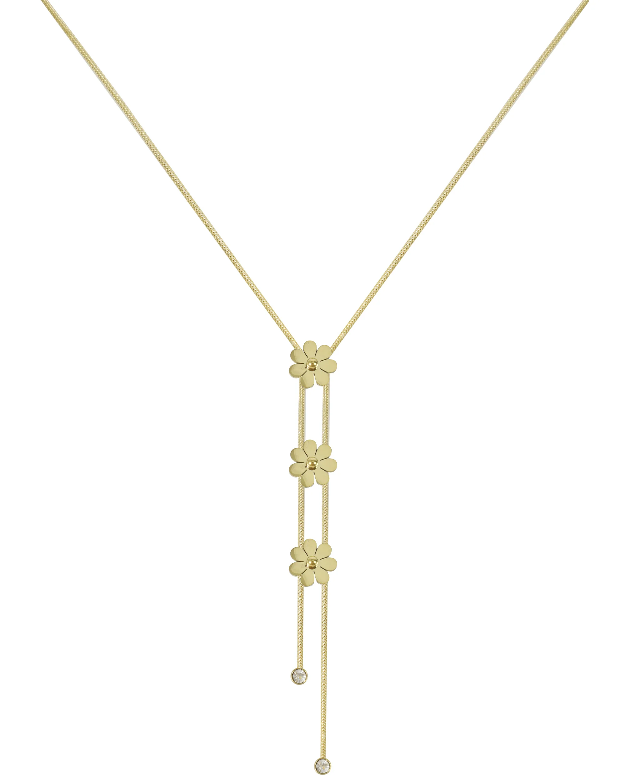 COLLIER EN ACIER DORE TRIO DE FLEURS ET STRASS - Image 3