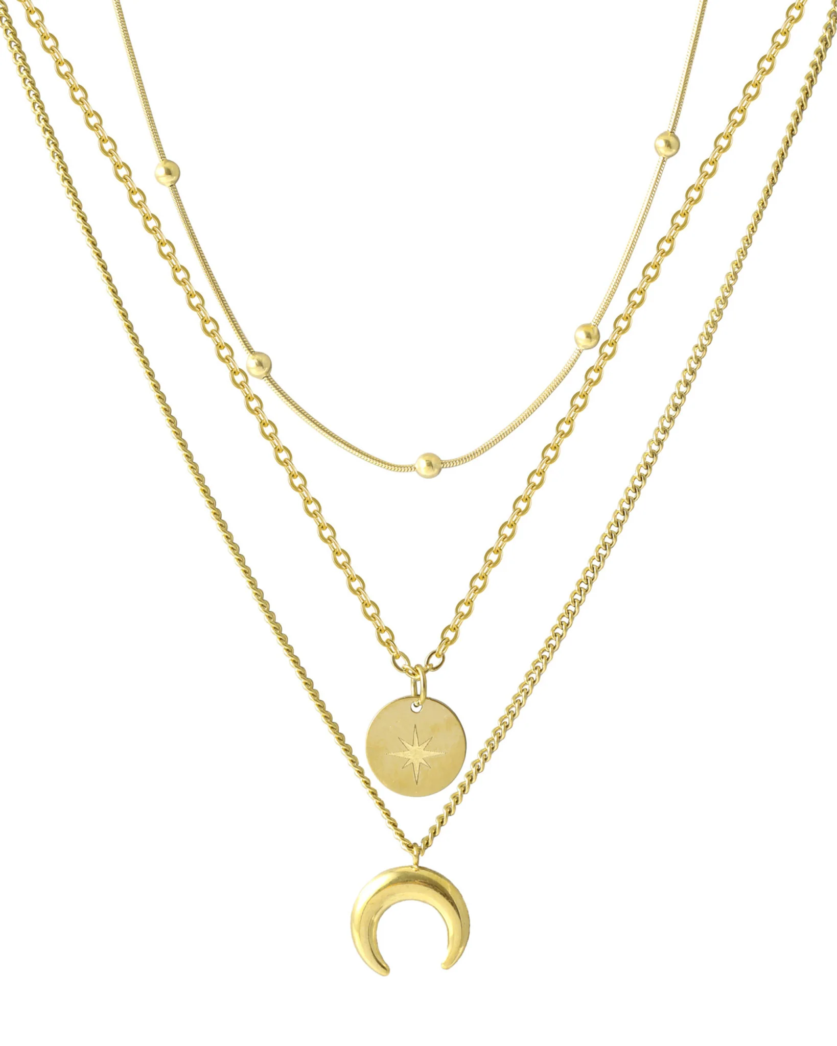 COLLIER EN ACIER DORE TRIPLE MAILLE AVEC PENDENTIF LUNE ET PASTILLE