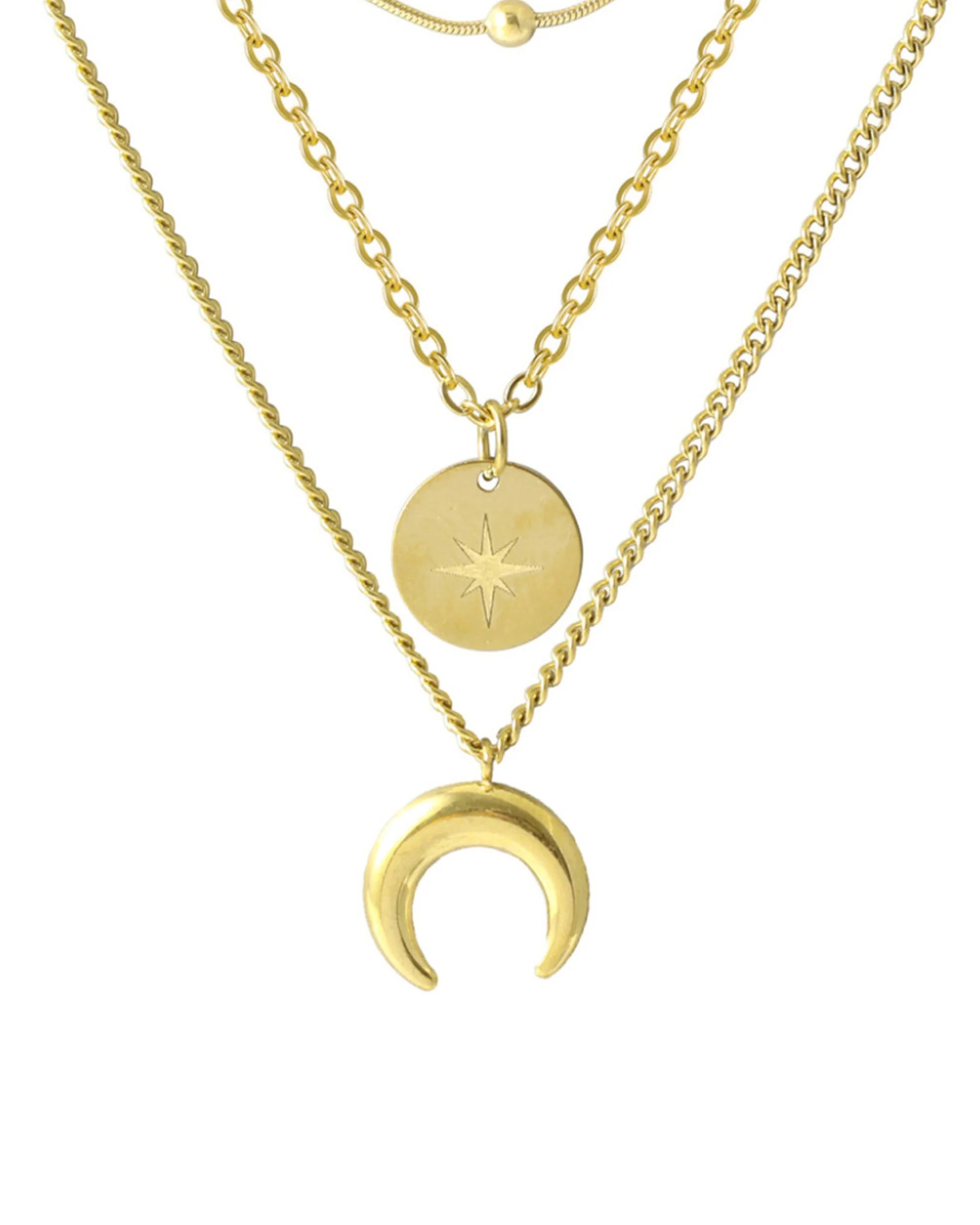 COLLIER EN ACIER DORE TRIPLE MAILLE AVEC PENDENTIF LUNE ET PASTILLE - Image 3