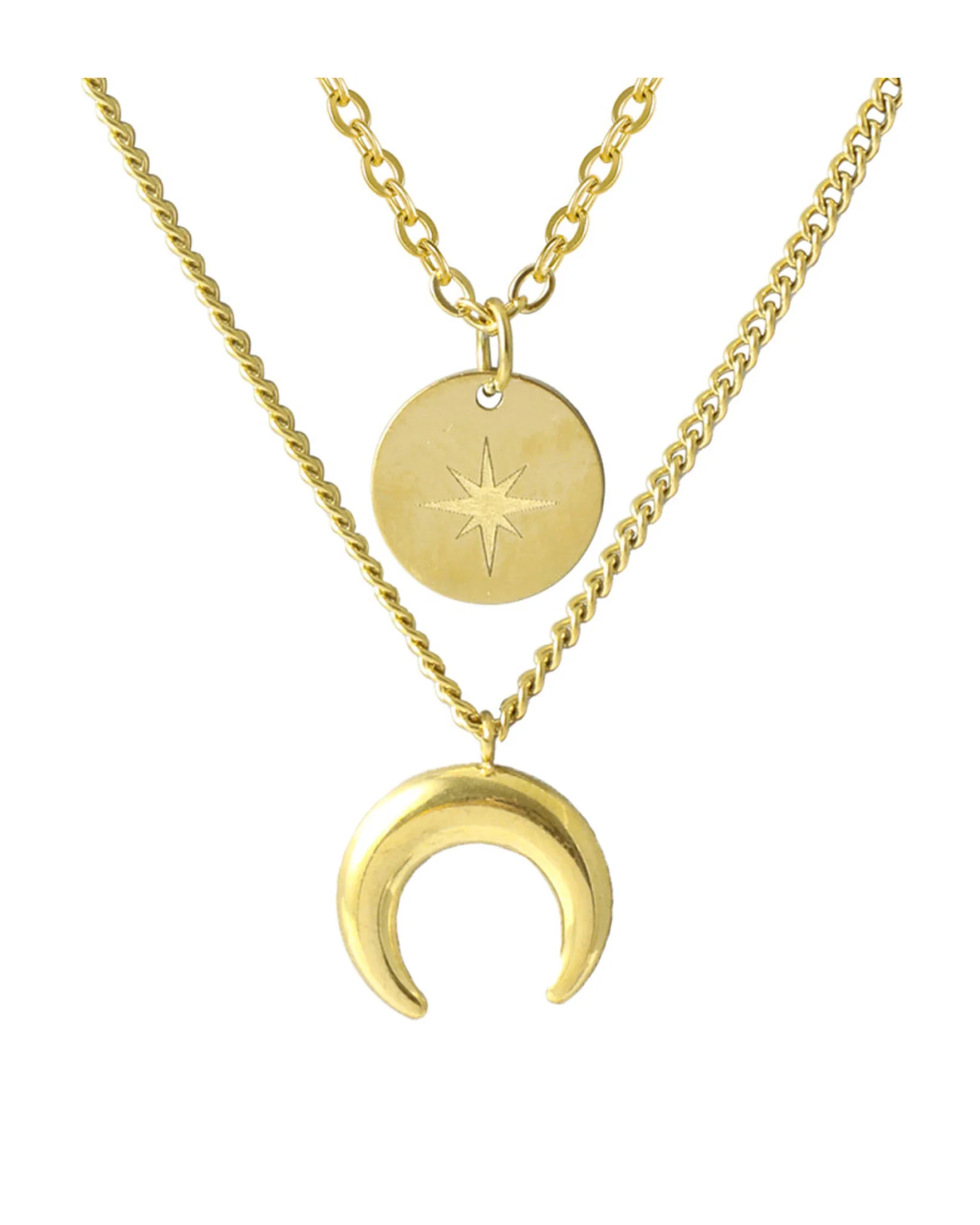 COLLIER EN ACIER DORE TRIPLE MAILLE AVEC PENDENTIF LUNE ET PASTILLE - Image 4