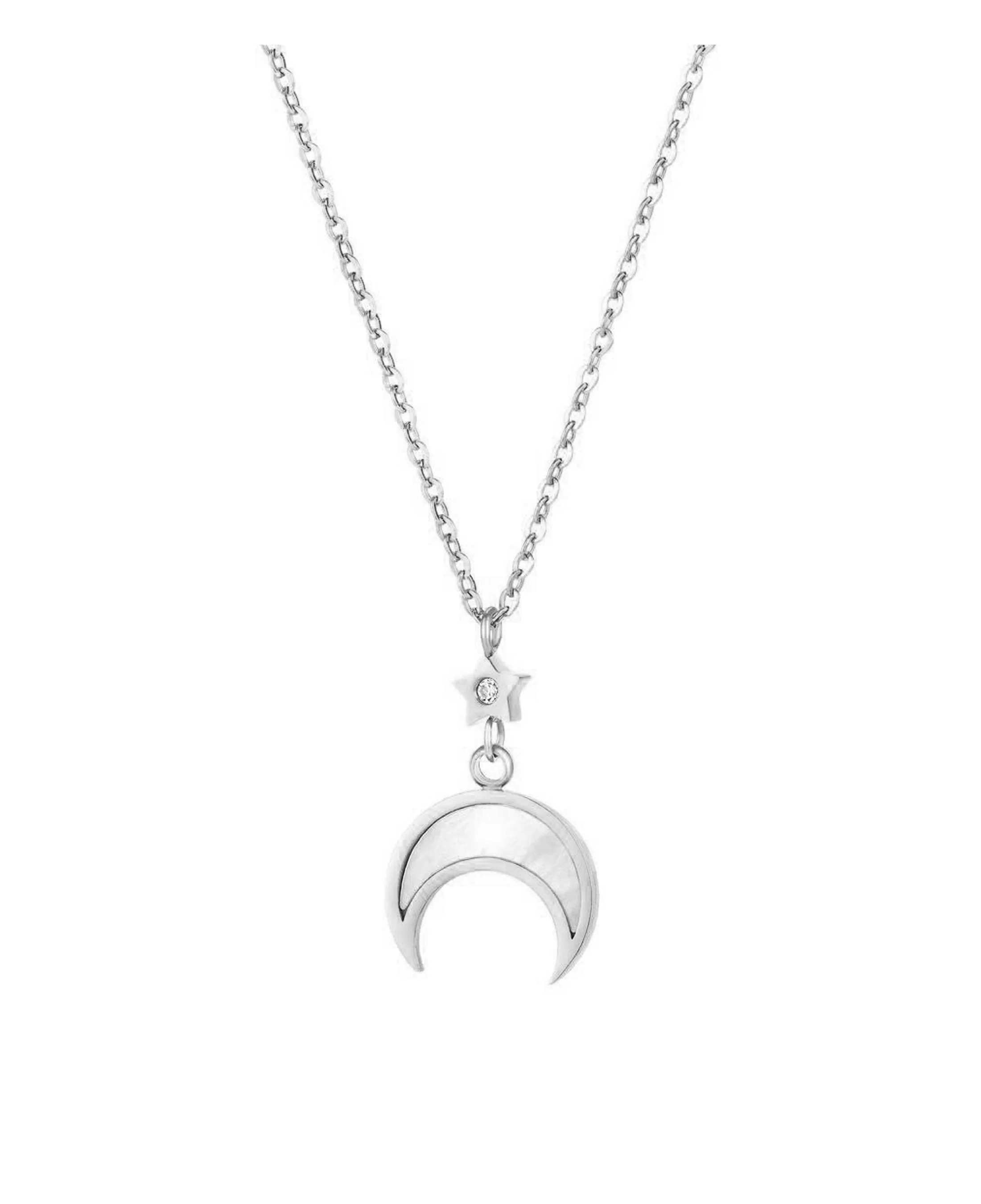 COLLIER EN ACIER ETOILE AVEC STRASS ET DEMI LUNE NACREE