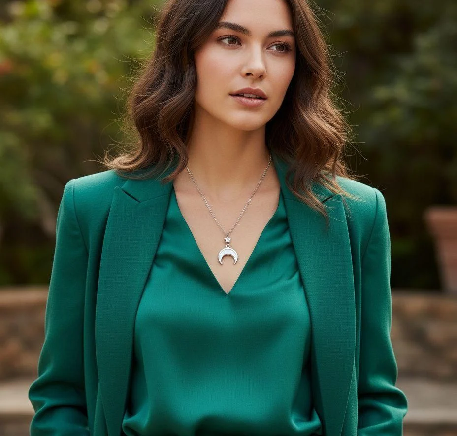 COLLIER EN ACIER ETOILE AVEC STRASS ET DEMI LUNE NACREE - Image 2
