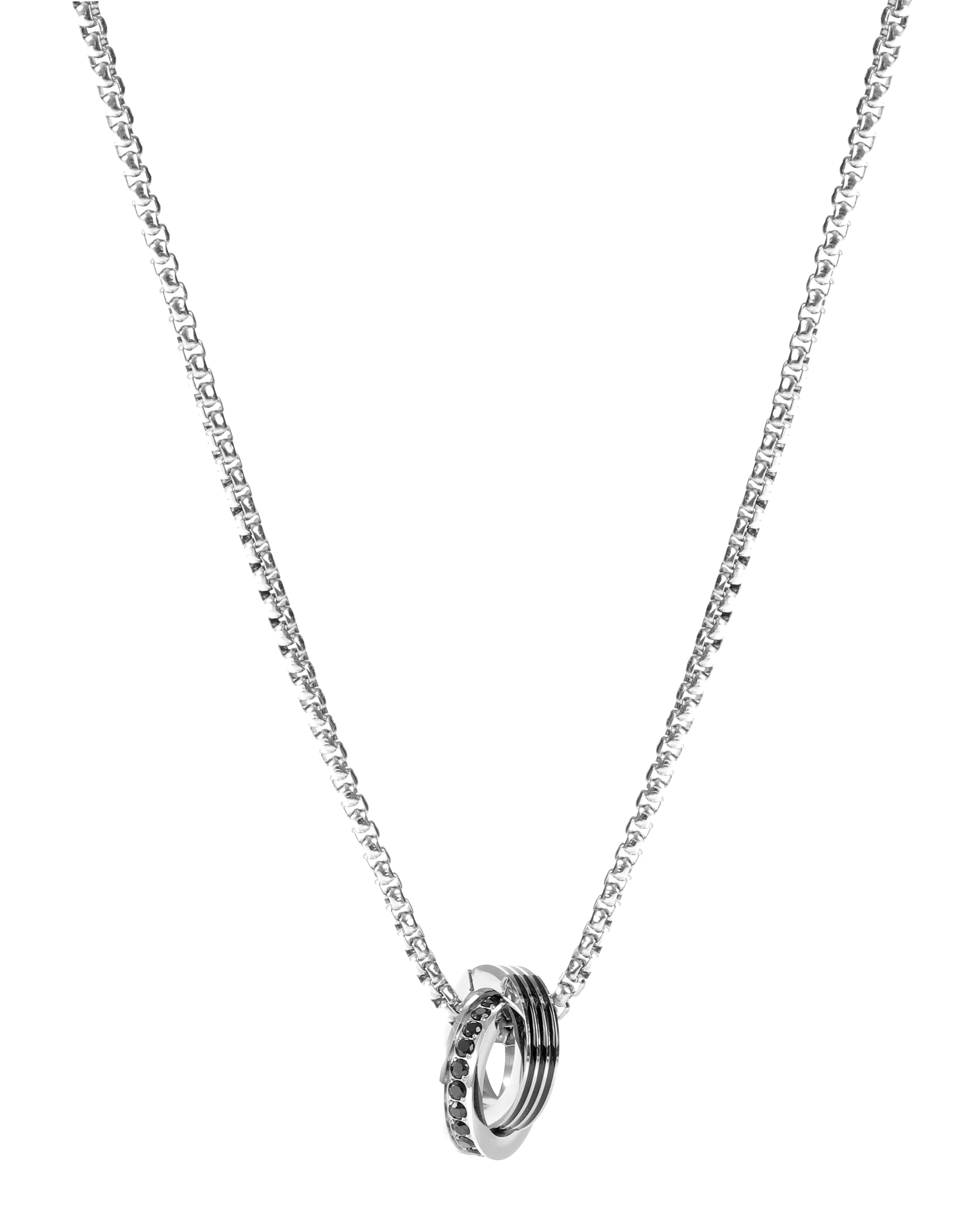 COLLIER EN ACIER PENDENTIF ANNEAUX ENTRELACES STRASS ONYX - Image 3