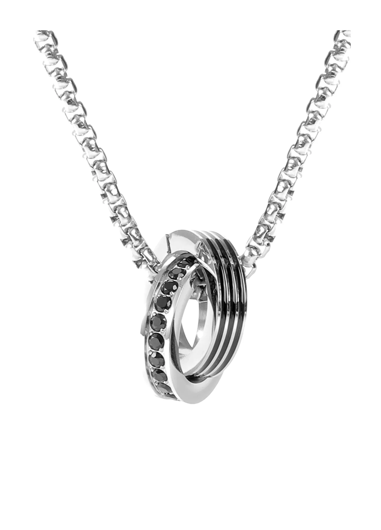COLLIER EN ACIER PENDENTIF ANNEAUX ENTRELACES STRASS ONYX - Image 4