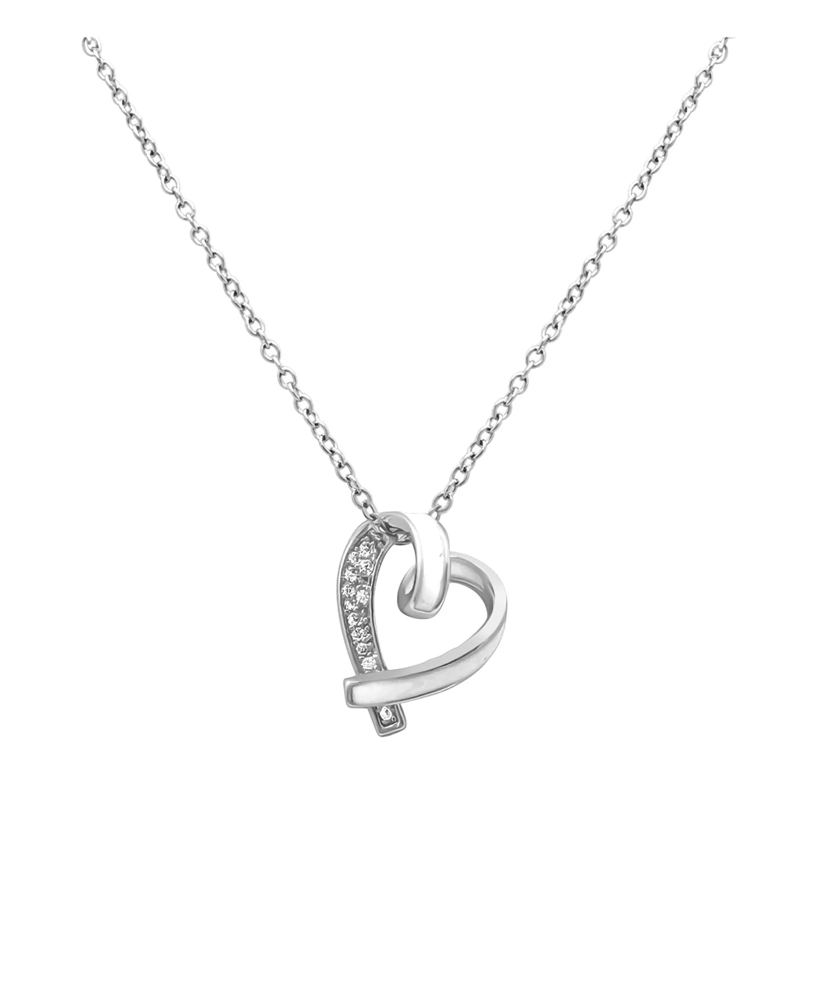 COLLIER EN ACIER PENDENTIF COEUR AVEC EMAIL BLANC ET STRASS