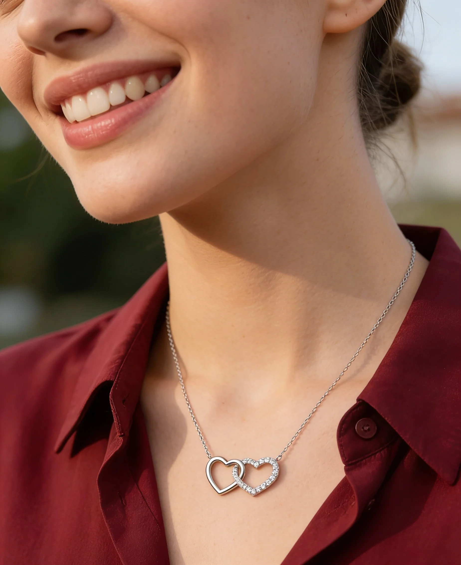 COLLIER EN ARGENT 2 COEURS AVEC PIERRES - Image 2