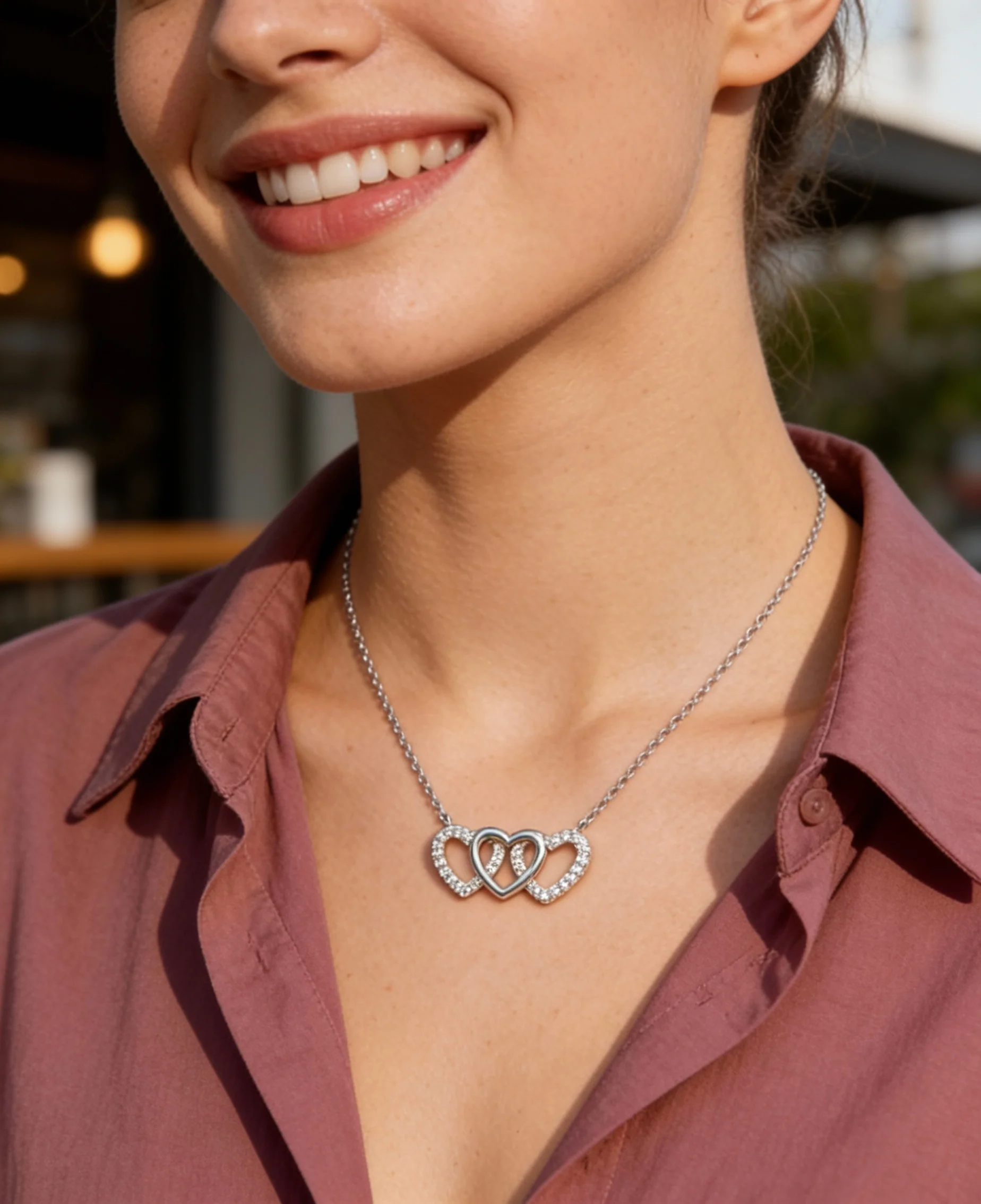 COLLIER EN ARGENT 3 COEURS AVEC PIERRES - Image 2