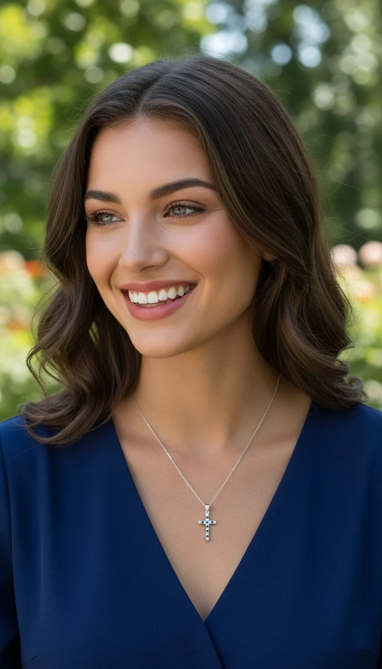 COLLIER EN ARGENT CROIX AVEC PIERRES BLANCHES ET BLEUES - Image 2