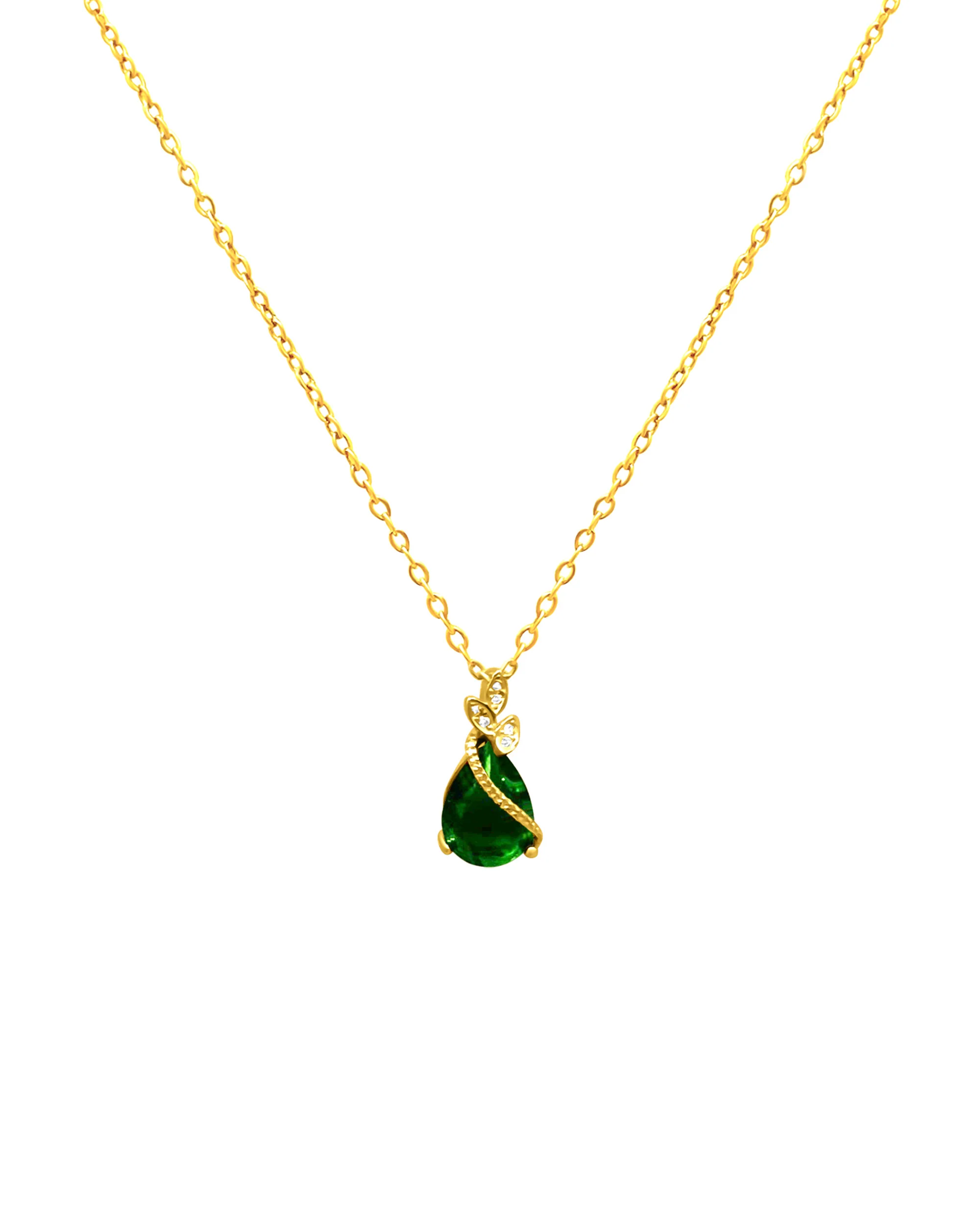 COLLIER EN ARGENT DORE AVEC GOUTTE EMERAUDE ET ZIRCONIUM