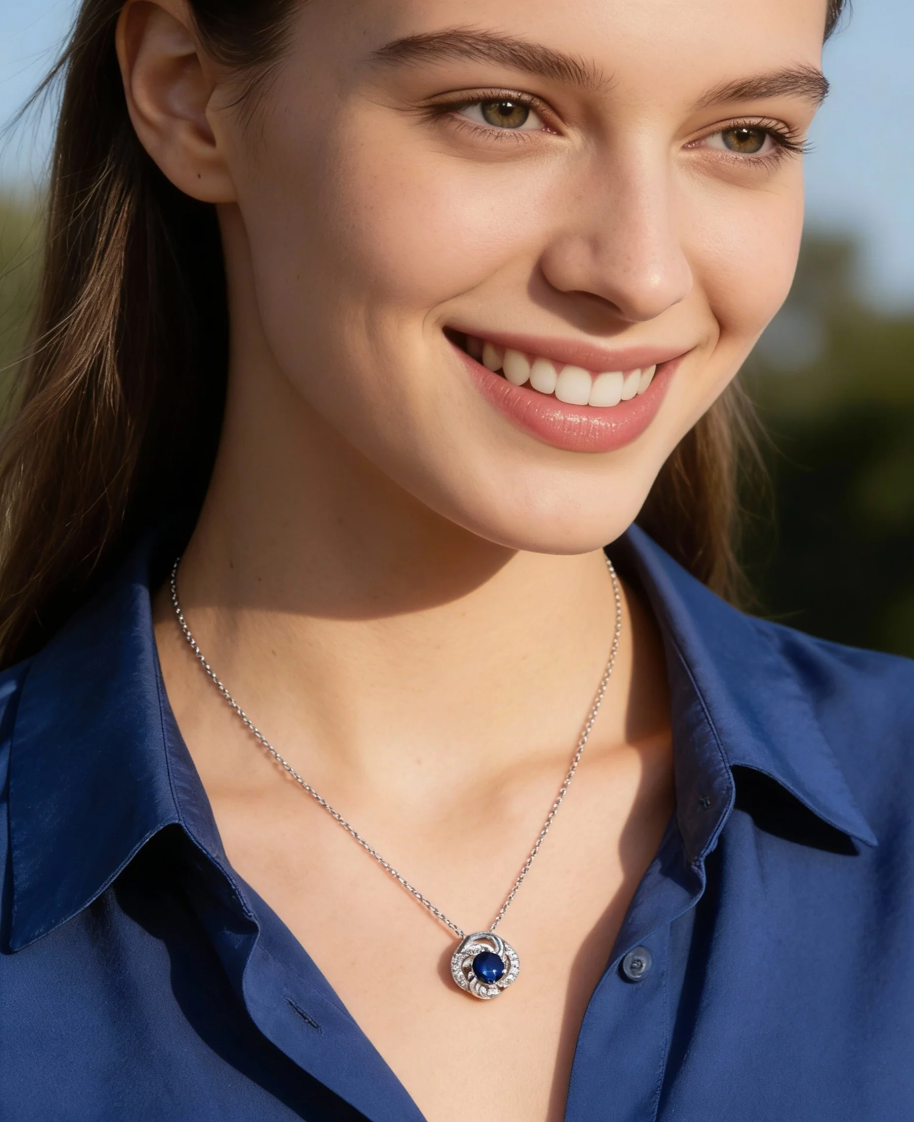 COLLIER EN ARGENT FLEUR AVEC PIERRES BLANCHES ET SOLITAIRE BLEU - Image 2