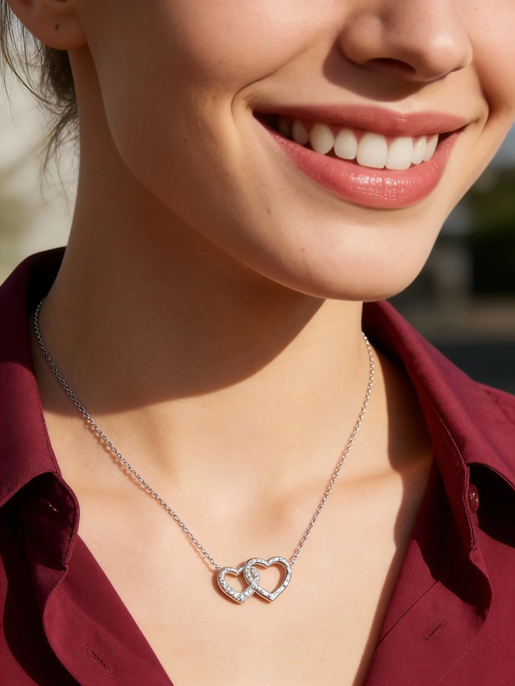 COLLIER EN ARGENT MOTIF 2 COEURS AVEC PIERRES - Image 2