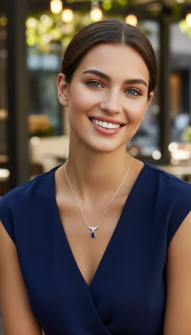 COLLIER EN ARGENT MOTIF FANTAISIE AVEC PIERRE BLEUE PENDANTE - Image 2