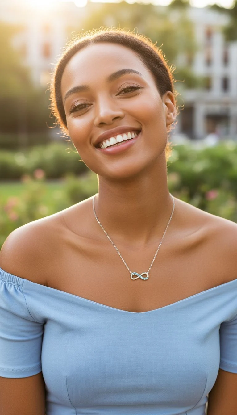 COLLIER EN ARGENT MOTIF INFINI AVEC PIERRES BLEU CLAIR - Image 2