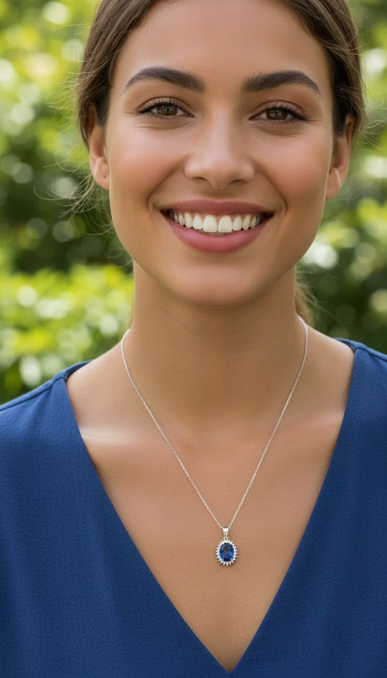 COLLIER EN ARGENT PENDENTIF BLEU AVEC PIERRES - Image 2