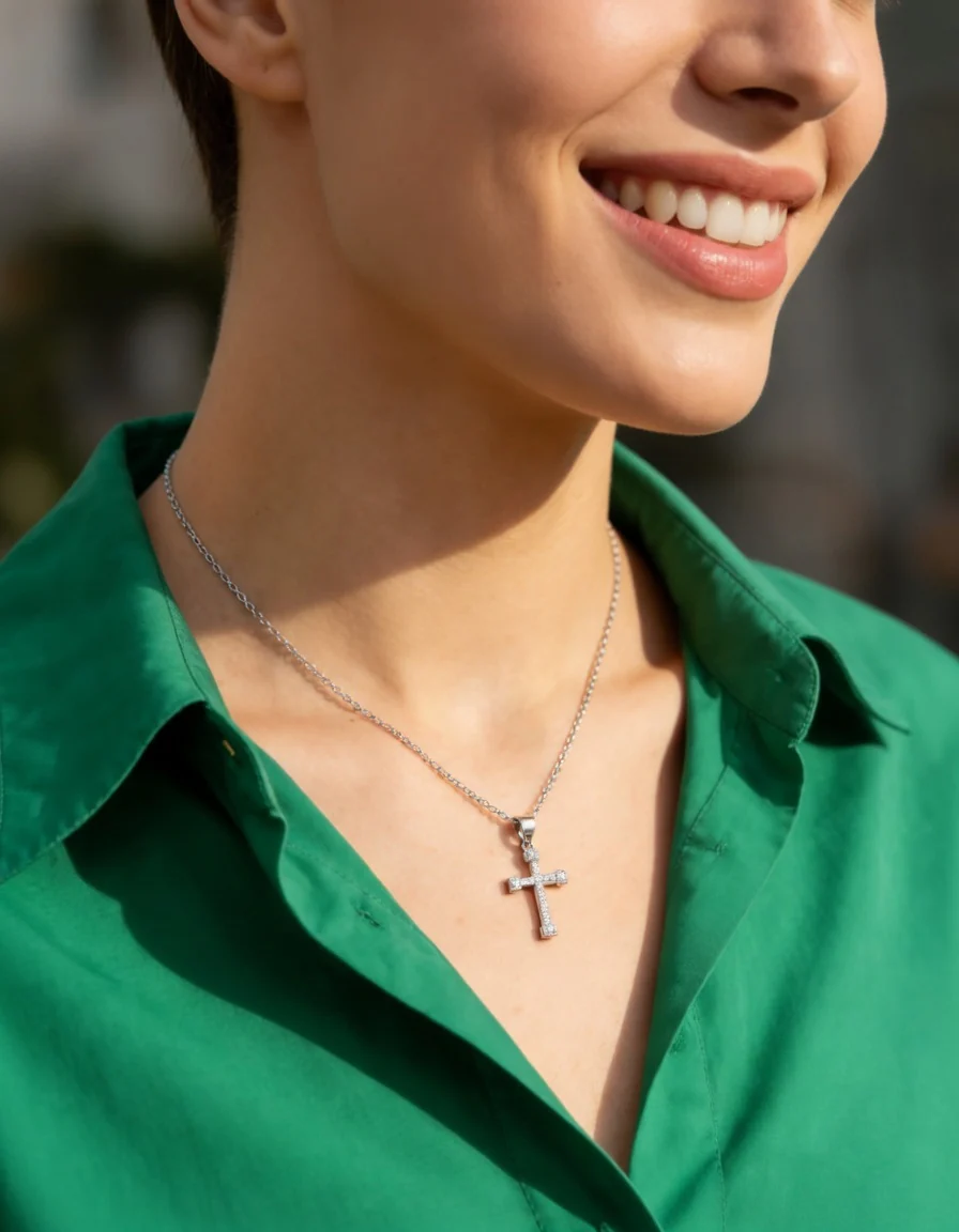 COLLIER EN ARGENT PENDENTIF CROIX AVEC PIERRES - Image 2