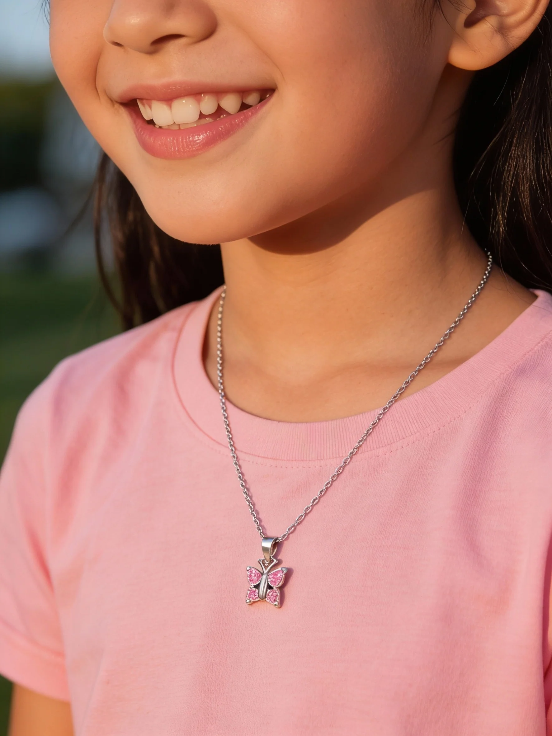 COLLIER EN ARGENT PENDENTIF PAPILLON AVEC PIERRES ROSES - Image 2