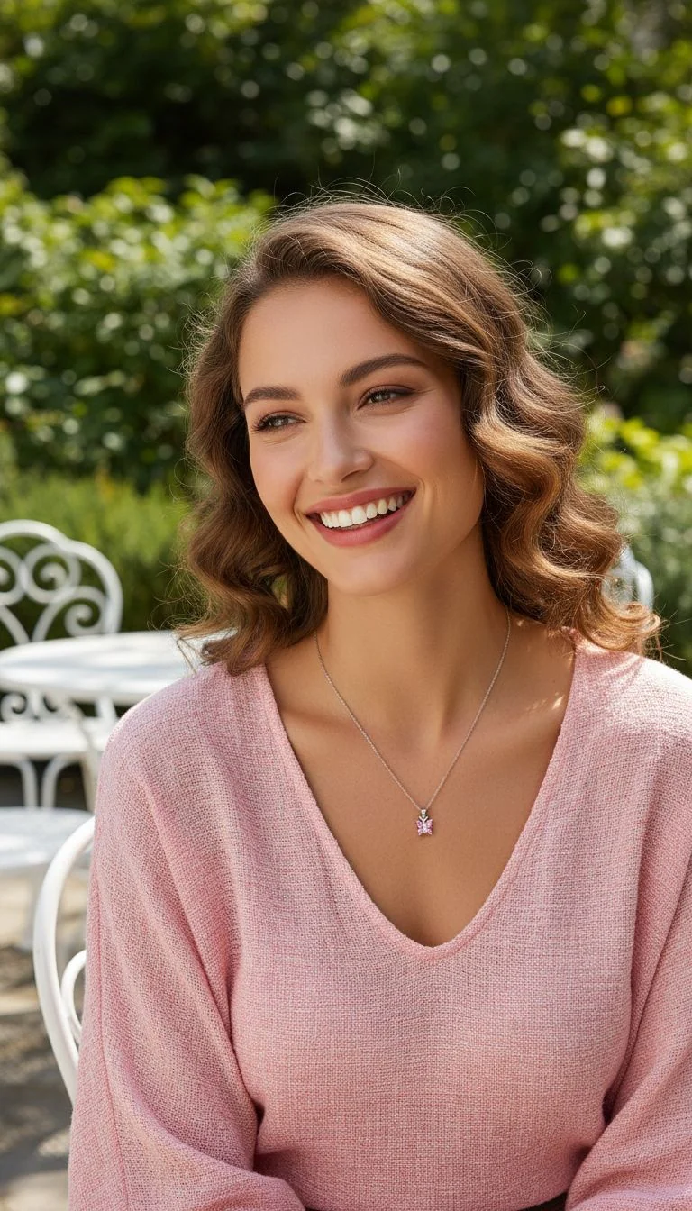 COLLIER EN ARGENT PENDENTIF PAPILLON AVEC PIERRES ROSES - Image 2