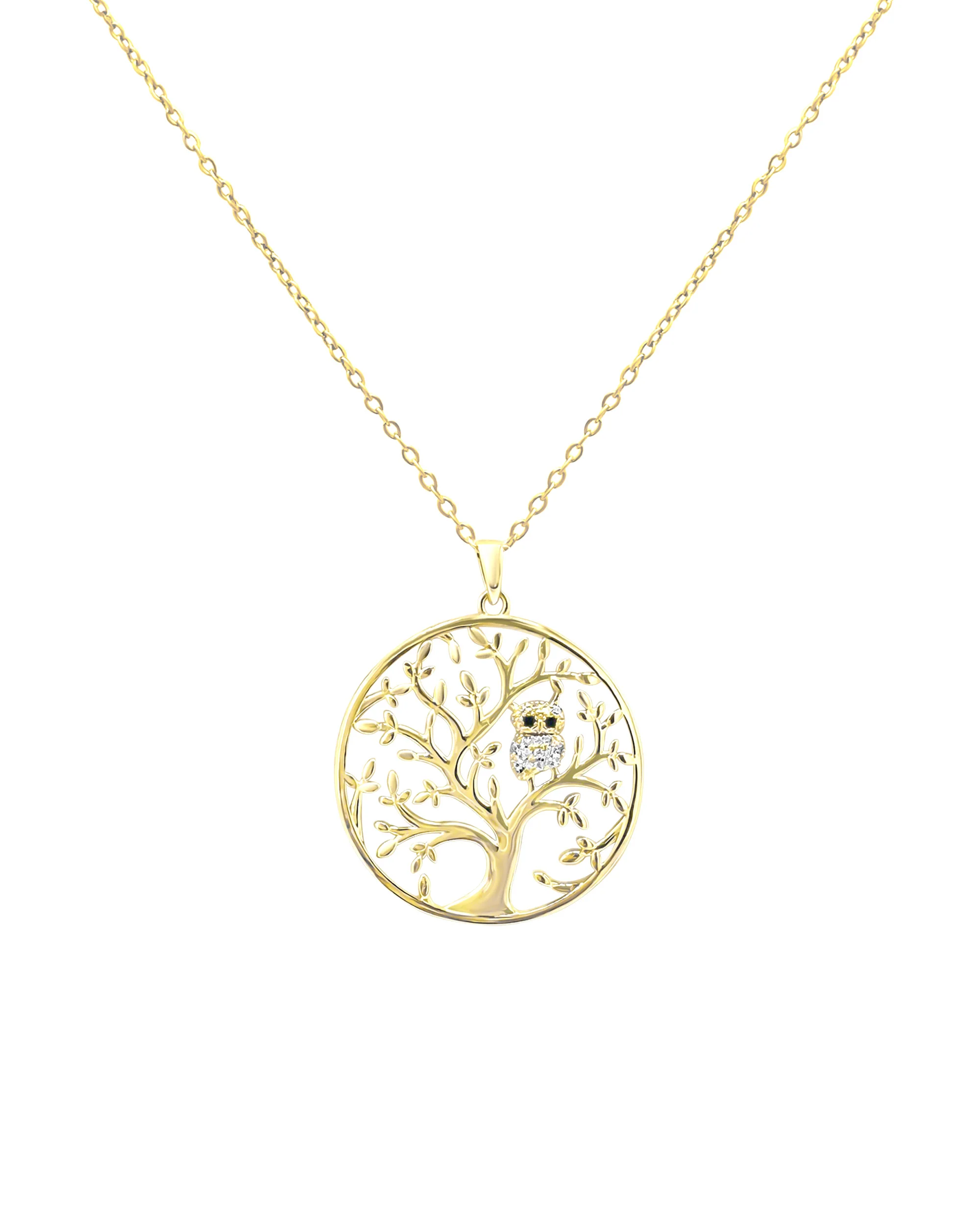 COLLIER EN PLAQUE OR "ARBRE DE VIE" AVEC HIBOU EN ZIRCONIUM