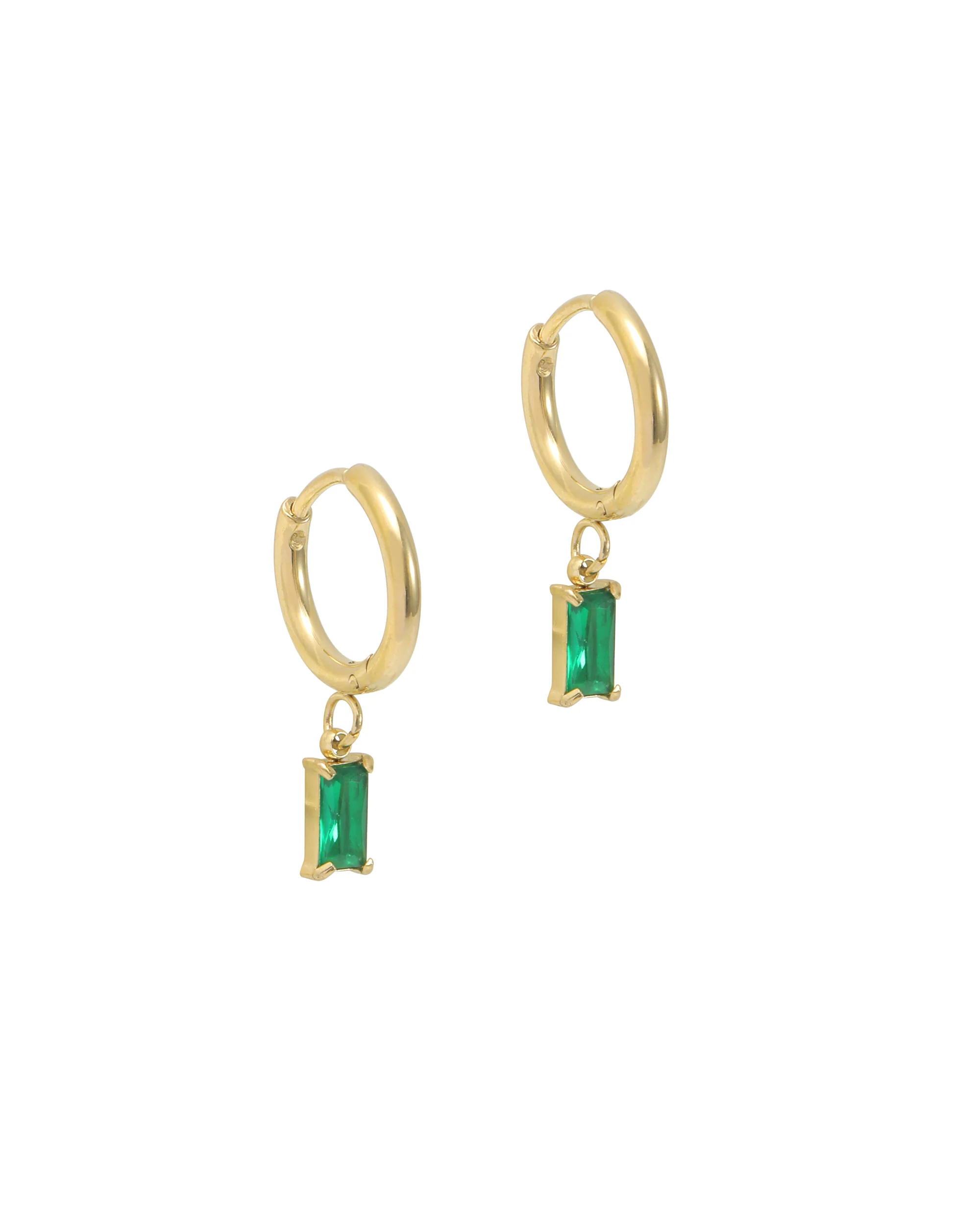 CREOLES EN ACIER DORE PENDENTIF RECTANGLE EMERAUDE
