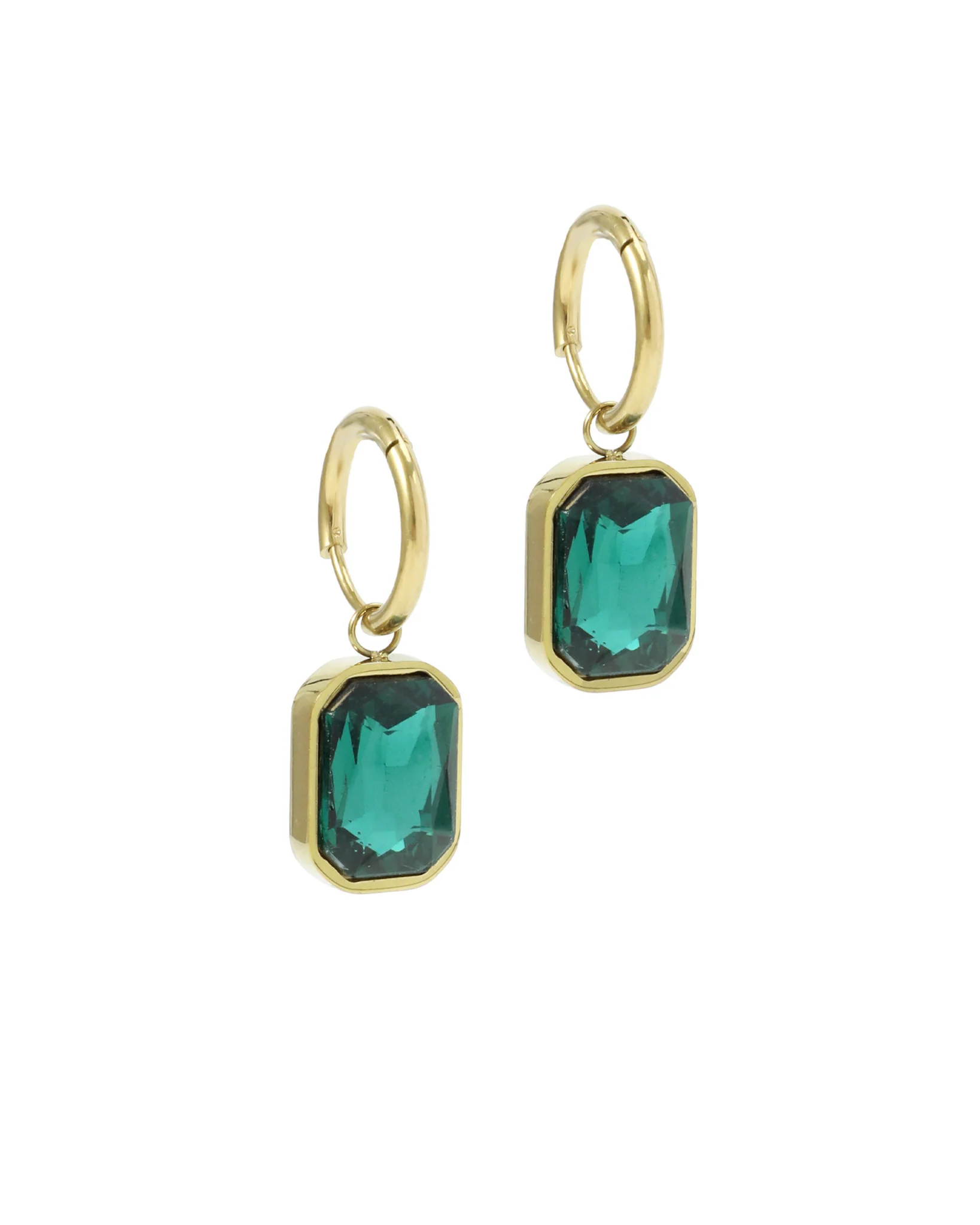 CREOLES EN ACIER DORE PENDENTIF RECTANGLE EMERAUDE