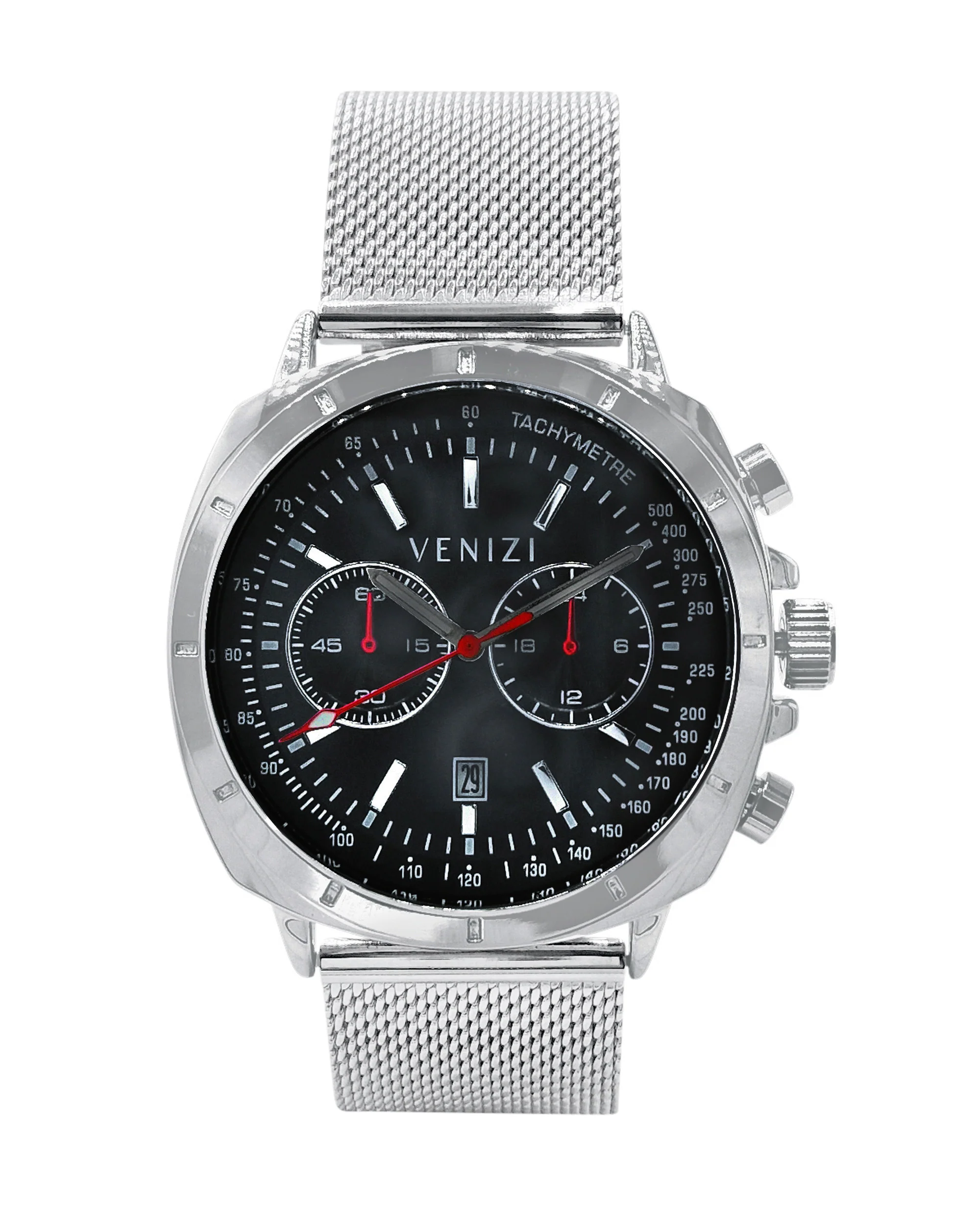 Montre Venizi argentée avec dateur bracelet métallique et aiguille centrale rouge