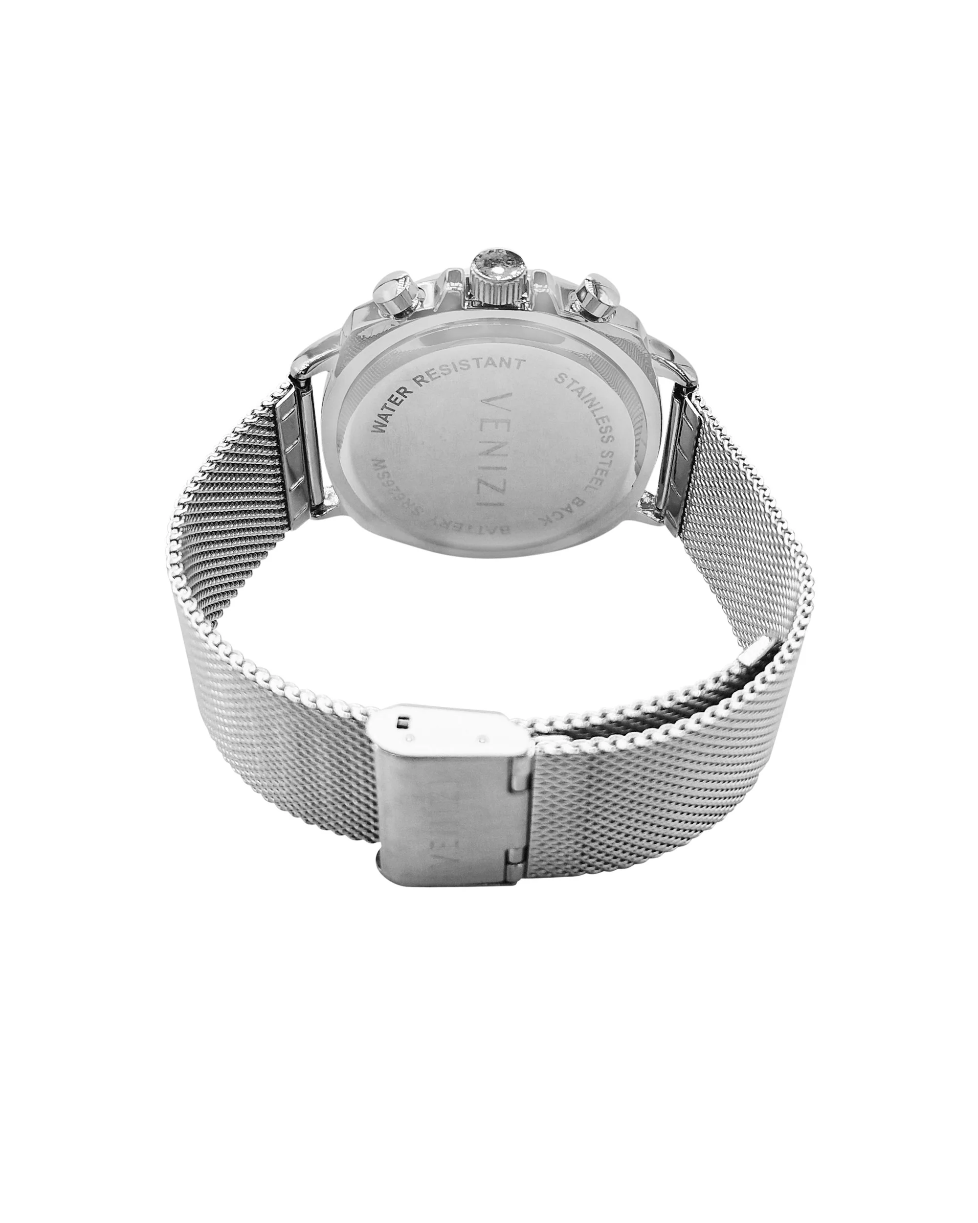 Montre Venizi argentée avec dateur bracelet métallique et aiguille centrale rouge - Image 3