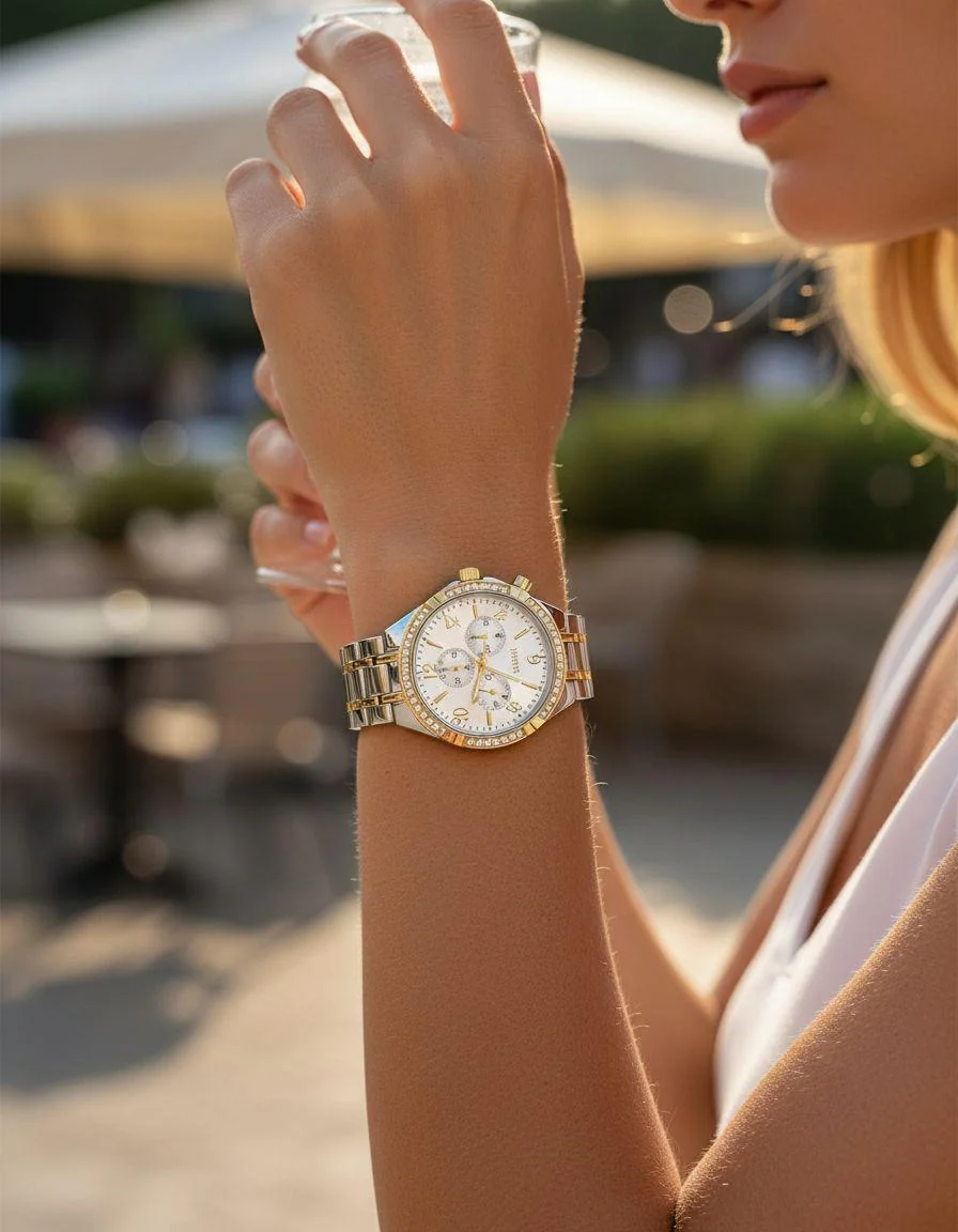 MONTRE VENIZI BICOLORE CADRAN ARGENTE ET DORE AVEC STRASS - Image 2
