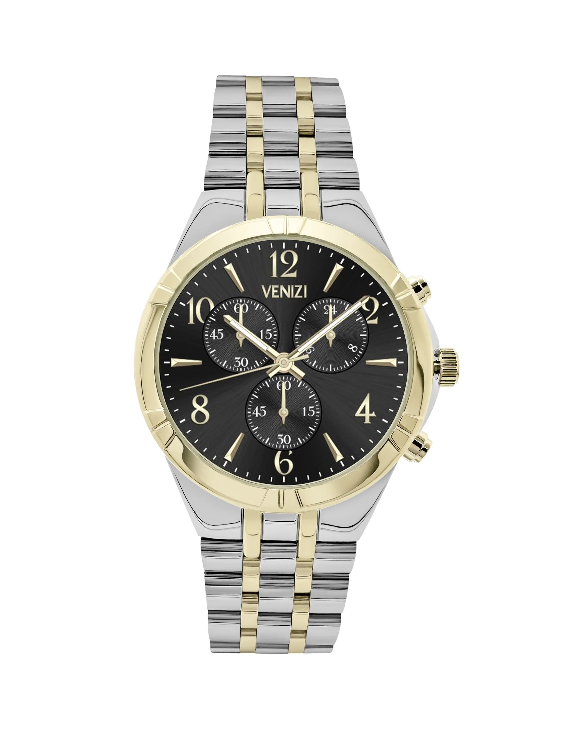 MONTRE VENIZI BICOLORE AVEC CADRAN NOIR ET LUNETTE DOREE