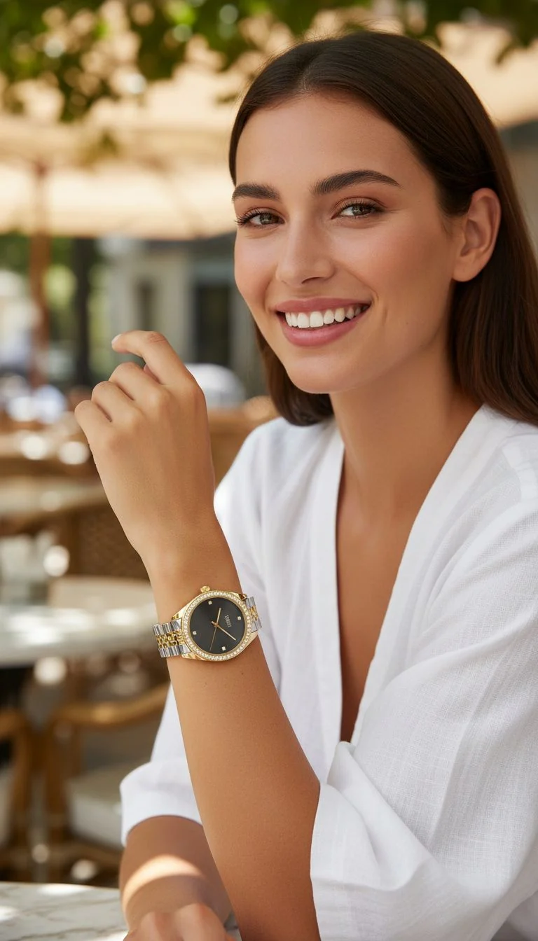 MONTRE VENIZI BICOLORE CADRAN NOIR AVEC STRASS - Image 2