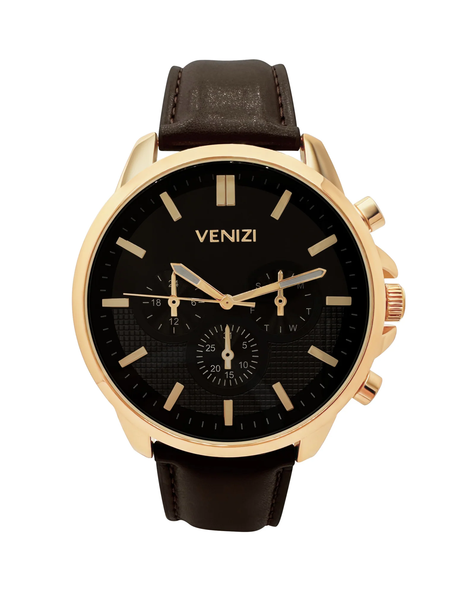 MONTRE VENIZI DORÉE BRACELET EN CUIR BRUN ET BRACELET EN CUIR TRESSÉ AVEC PLAQUE BICOLORE - Image 3