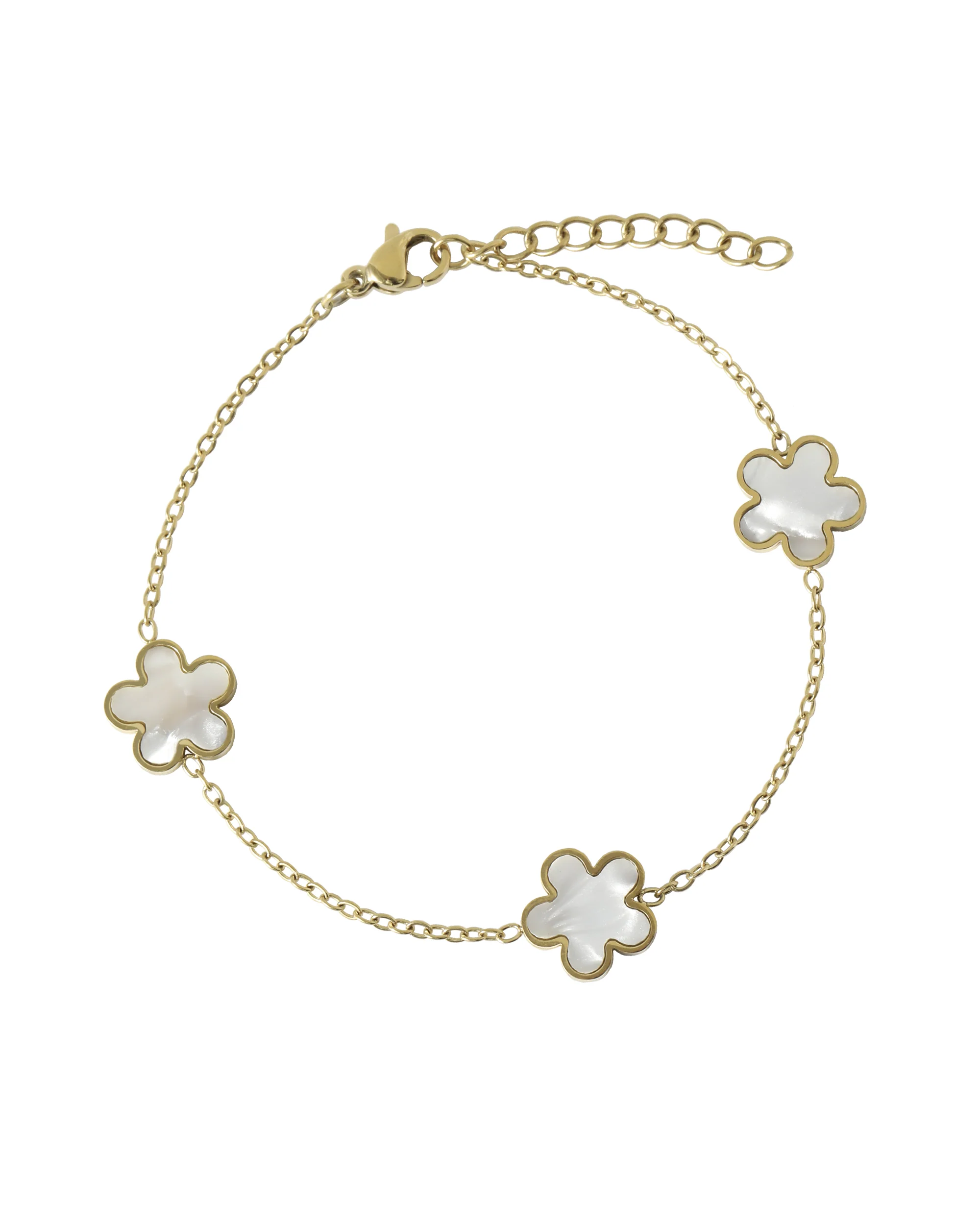 PARURE EN ACIER DORE FLEURI ORNE DE NACRE BLANCHE - Image 3