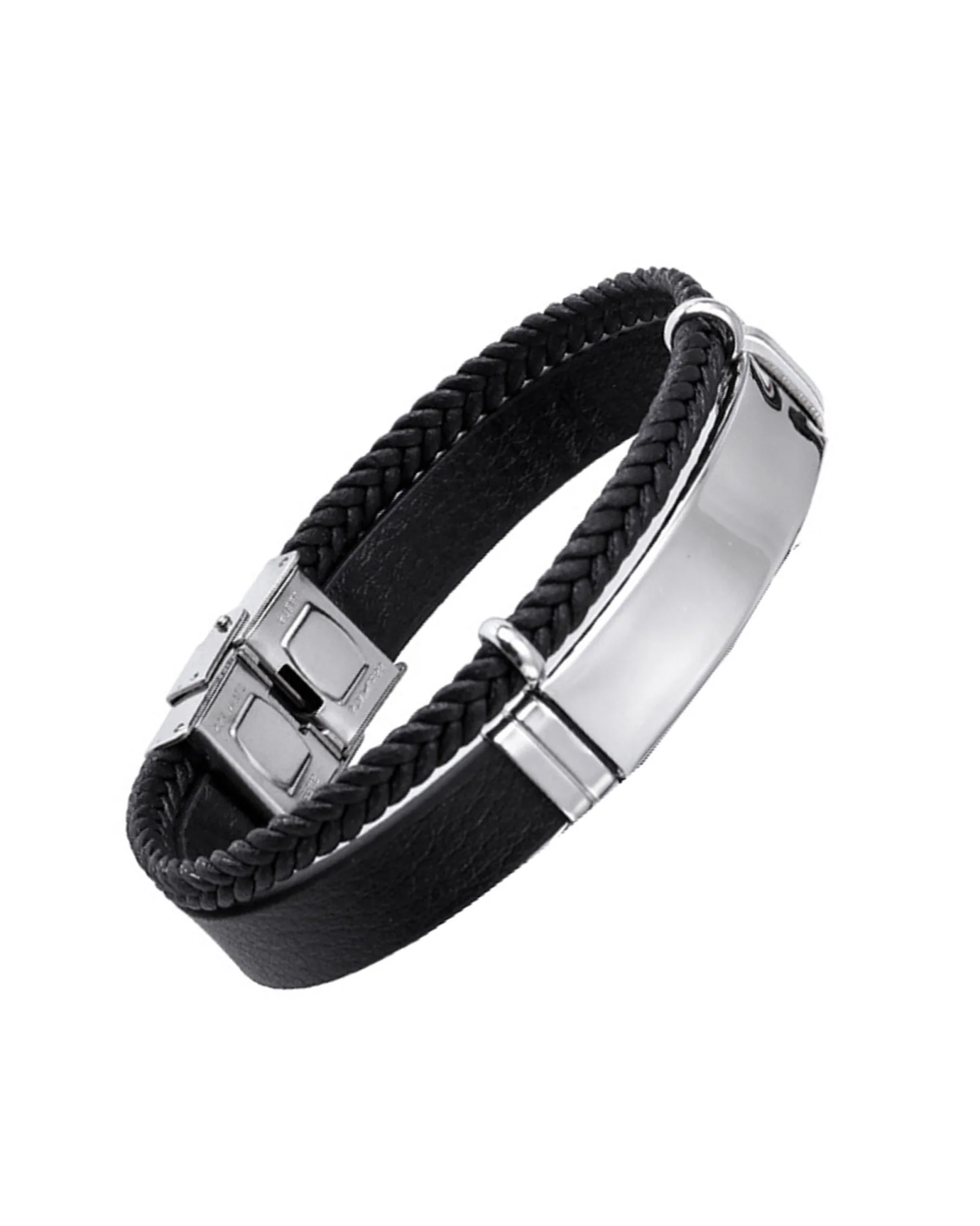 PARURE EN ACIER PENDENTIF RECTANGLE AVEC STRASS ET BRACELET EN CUIR AVEC PLAQUETTE EN ACIER - Image 4