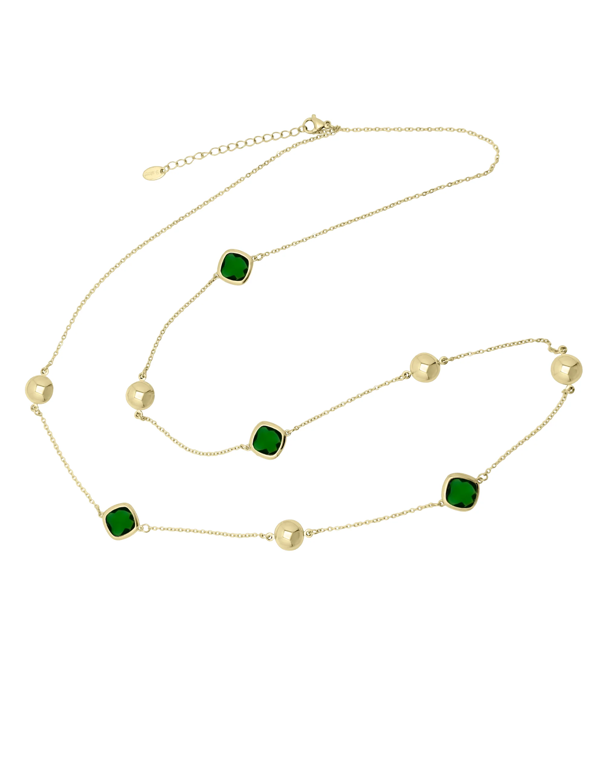 SAUTOIR EN ACIER DORE AVEC PIERRES EMERAUDE FACETTEES